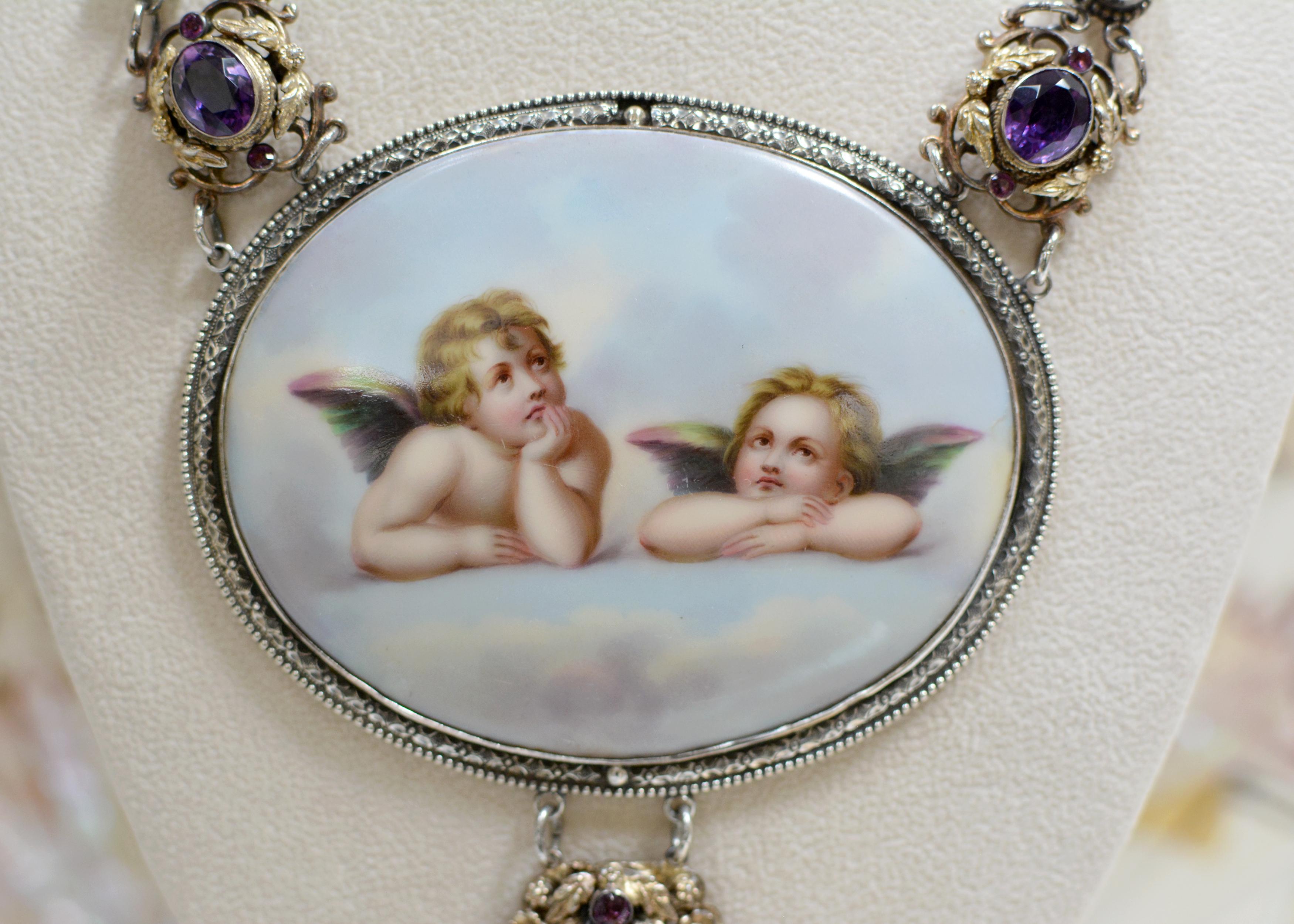 Jill Garber 19th Century Sistine Madonna Angels Portrait Necklace with Amethyst For Sale 5