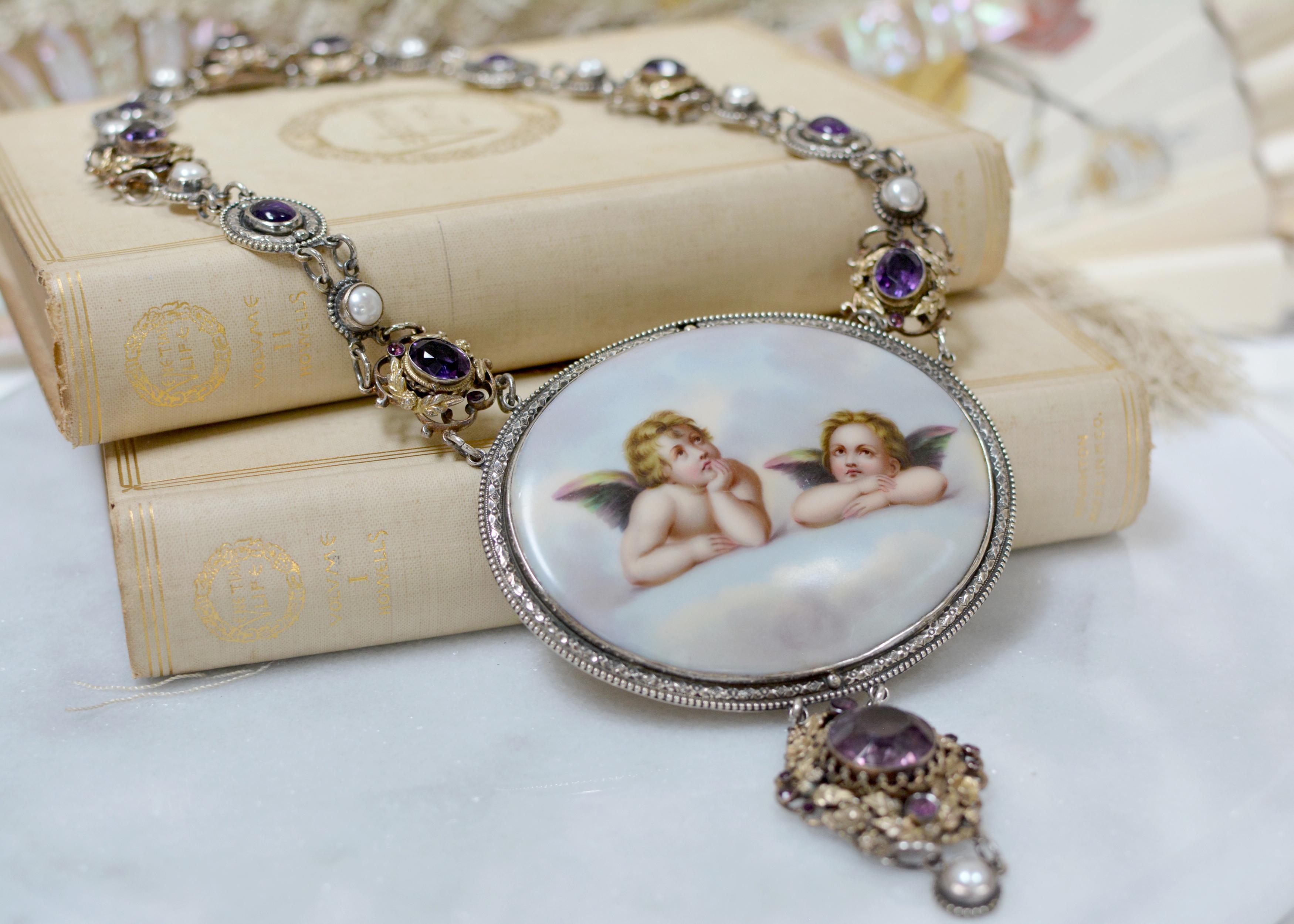 Jill Garber 19th Century Sistine Madonna Angels Portrait Necklace with Amethyst For Sale 7