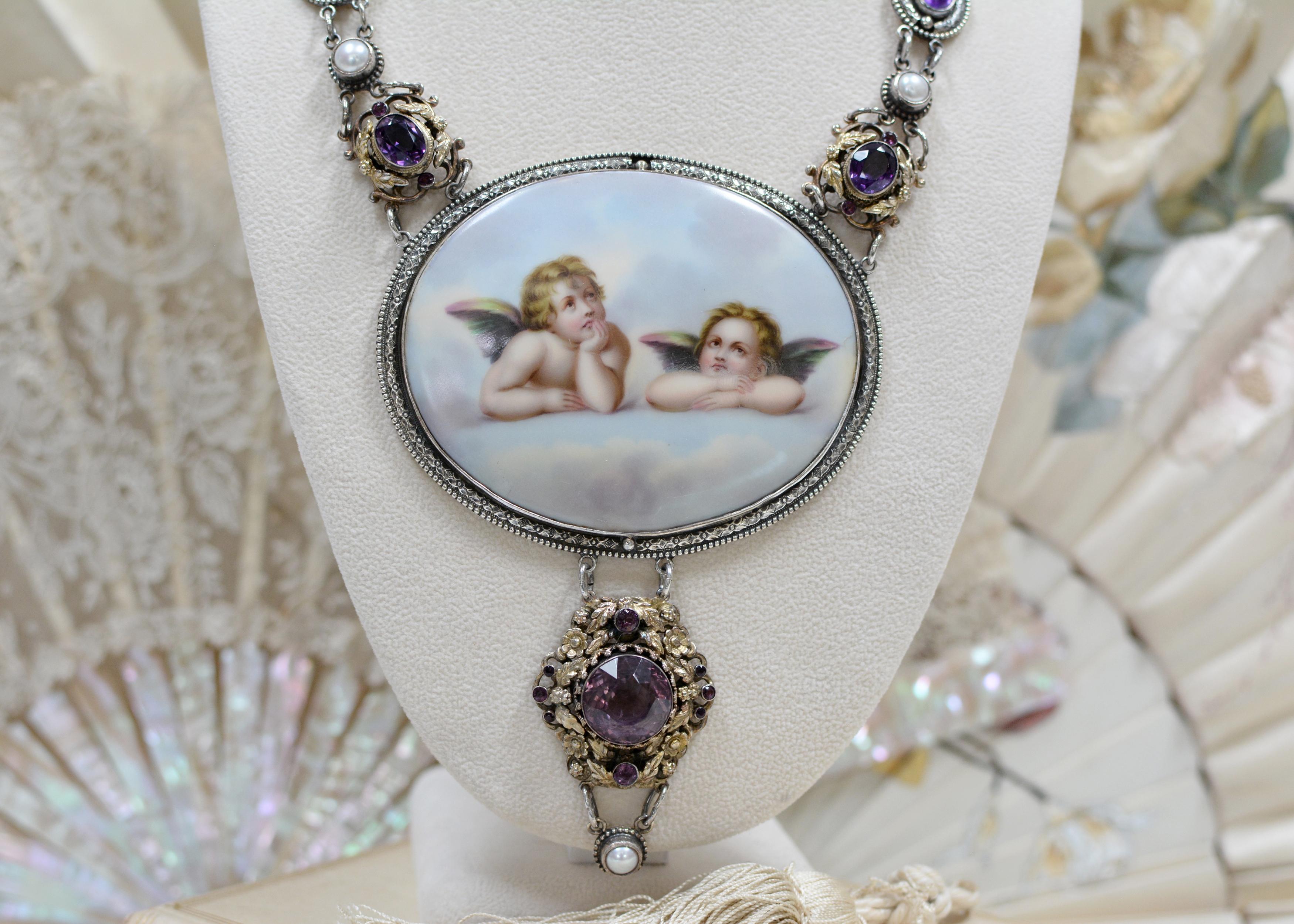 Rococo Jill Garber 19th Century Sistine Madonna Angels Portrait Necklace with Amethyst For Sale