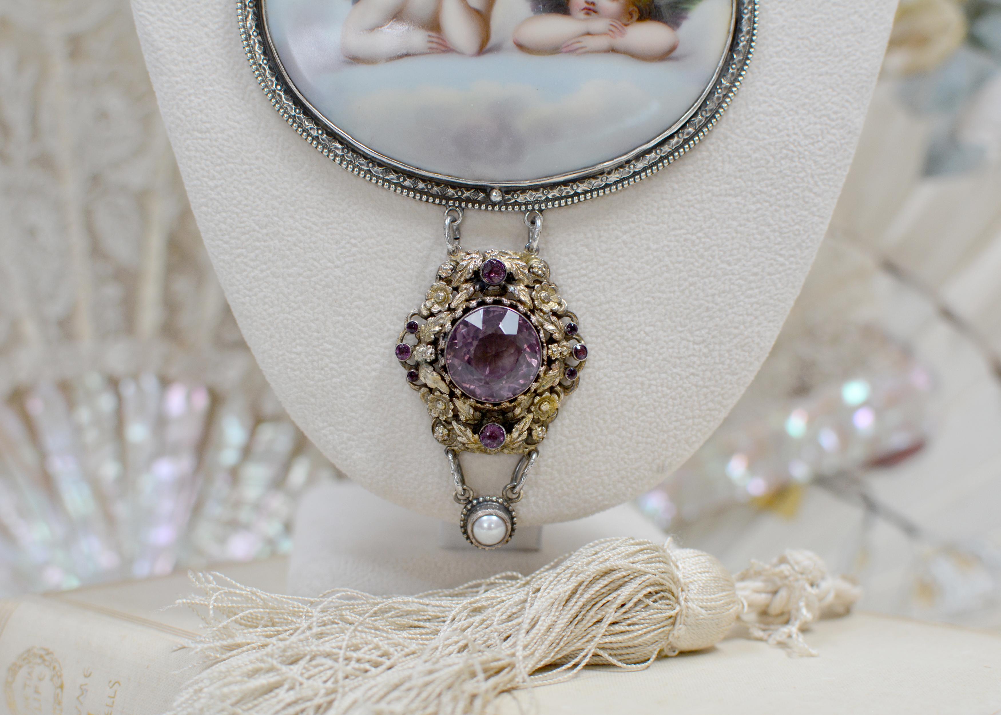 Old European Cut Jill Garber 19th Century Sistine Madonna Angels Portrait Necklace with Amethyst For Sale