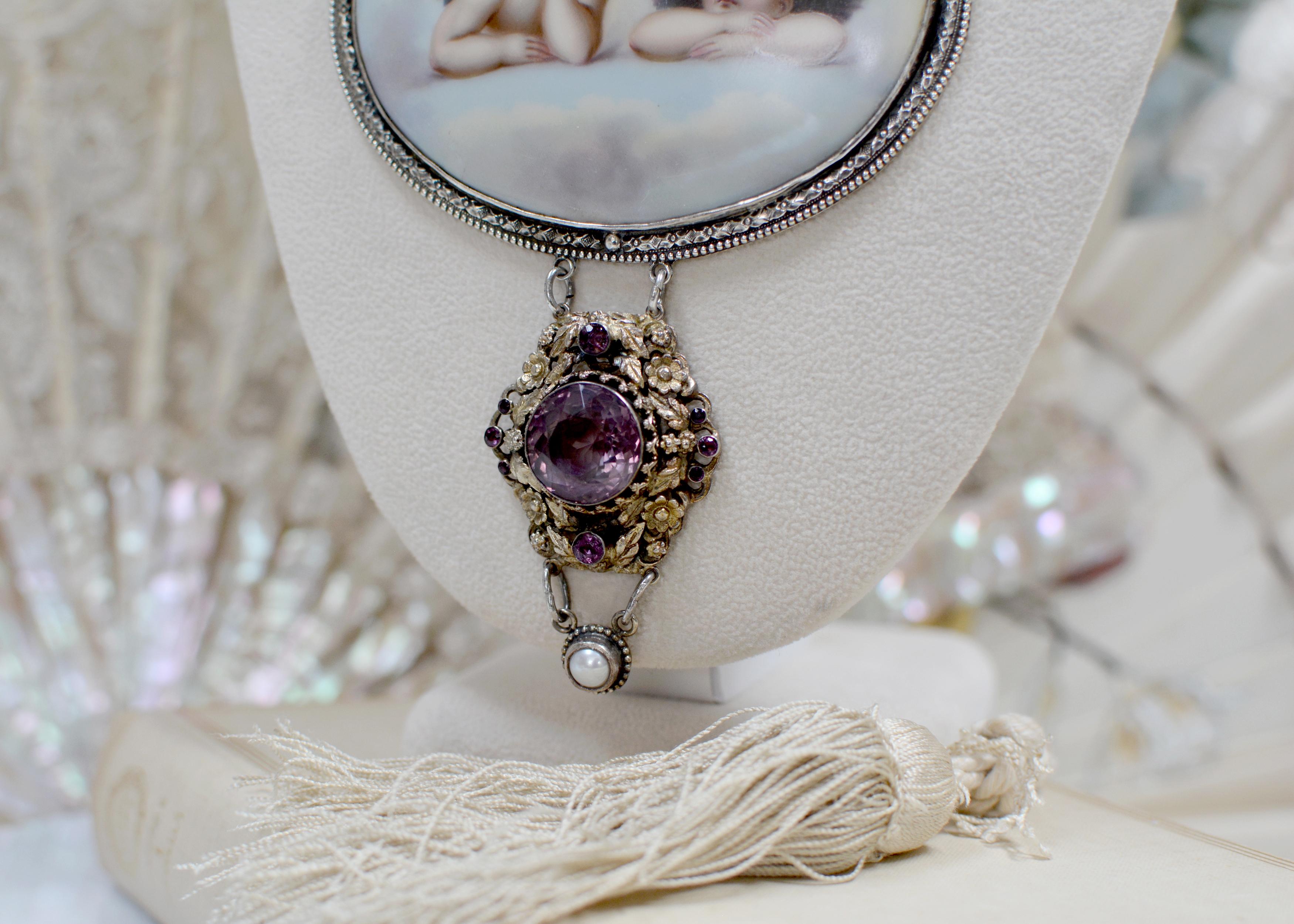 Jill Garber 19th Century Sistine Madonna Angels Portrait Necklace with Amethyst In Excellent Condition For Sale In Saginaw, MI