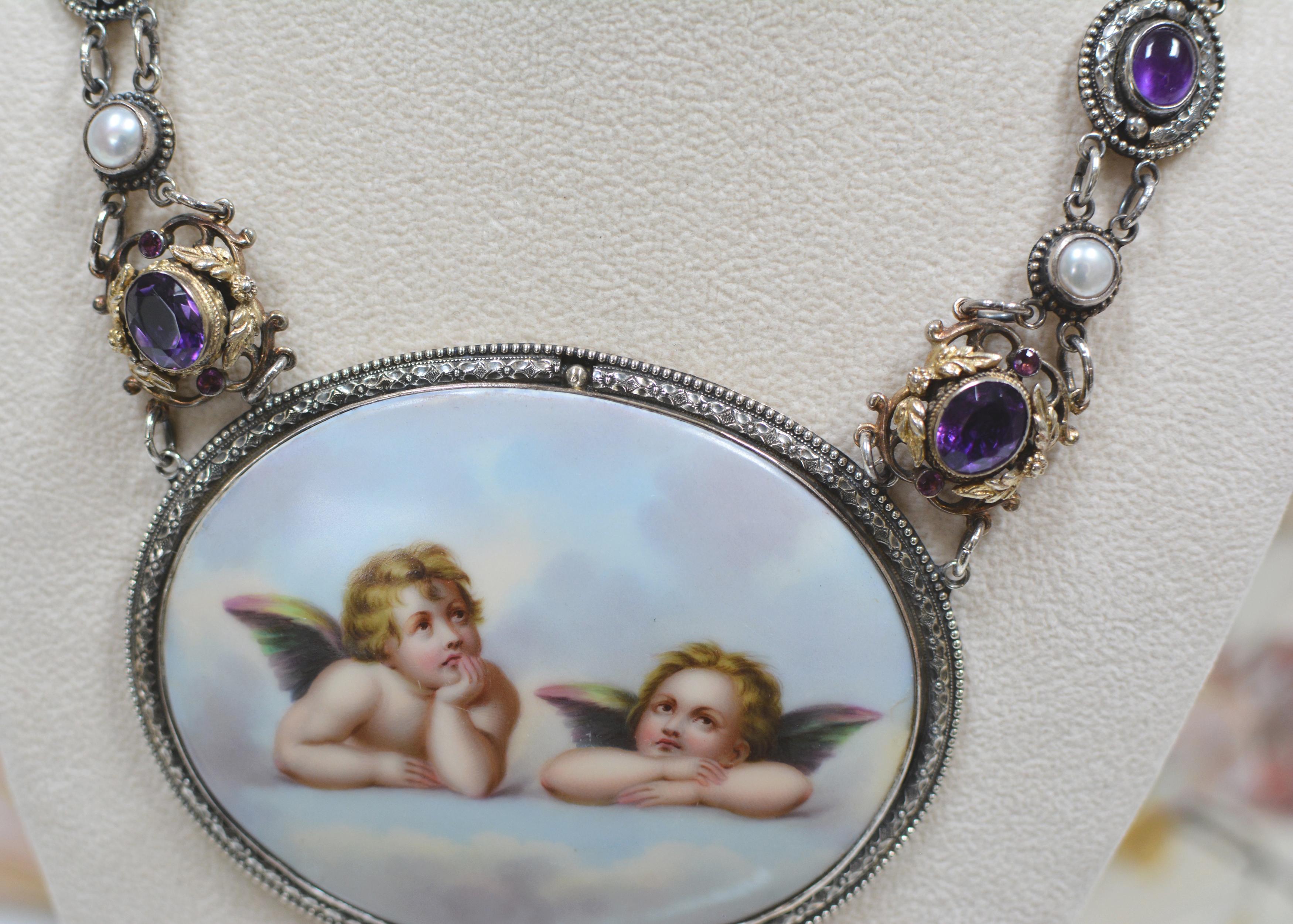Women's or Men's Jill Garber 19th Century Sistine Madonna Angels Portrait Necklace with Amethyst For Sale