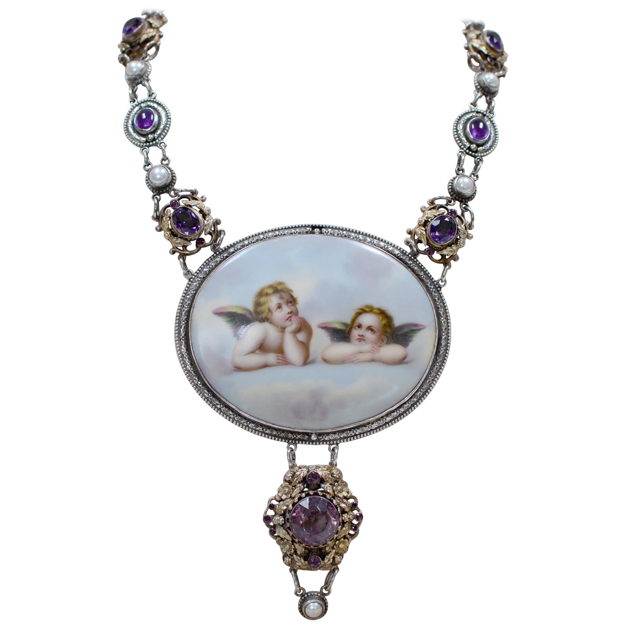Jill Garber 19th Century Sistine Madonna Angels Portrait Necklace with Amethyst For Sale
