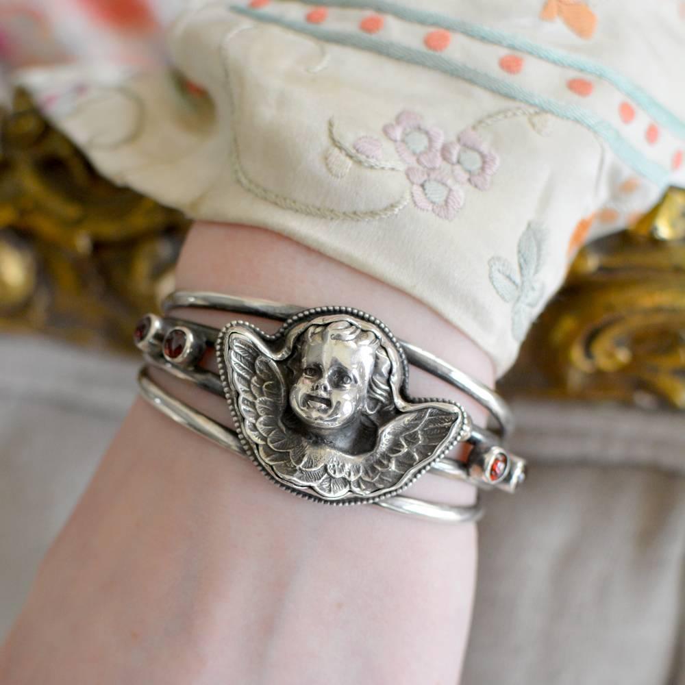 Jill Garber Figural Nineteenth Century Angel with Bohemian Garnets Cuff Bracelet For Sale 2