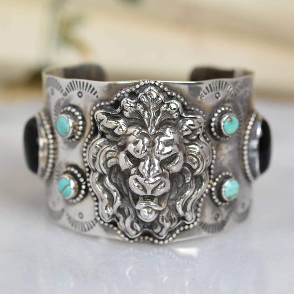 Jill Garber Antique Art Nouveau Lion with Natural Turquoise Wide Cuff Bracelet In Excellent Condition In Saginaw, MI