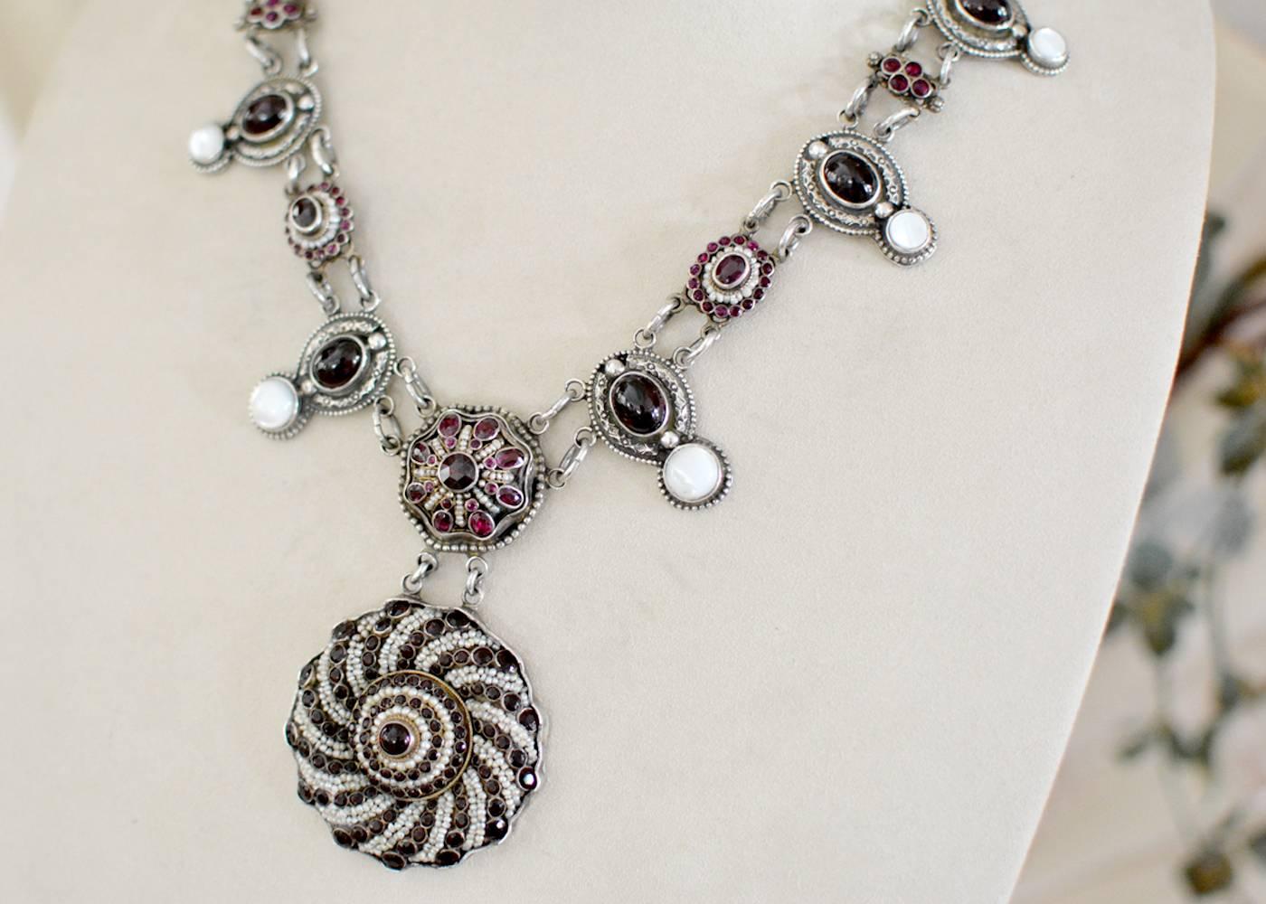 Rose Cut Jill Garber Antique Austro Hungarian Garnet, Ruby and Seed Pearl Drop Necklace