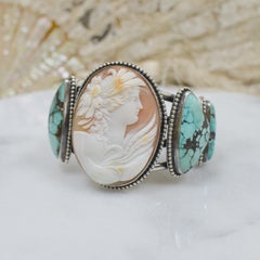 Jill Garber Antique Cameo Cuff Bracelet Depicting Goddess Leda with Turquoise