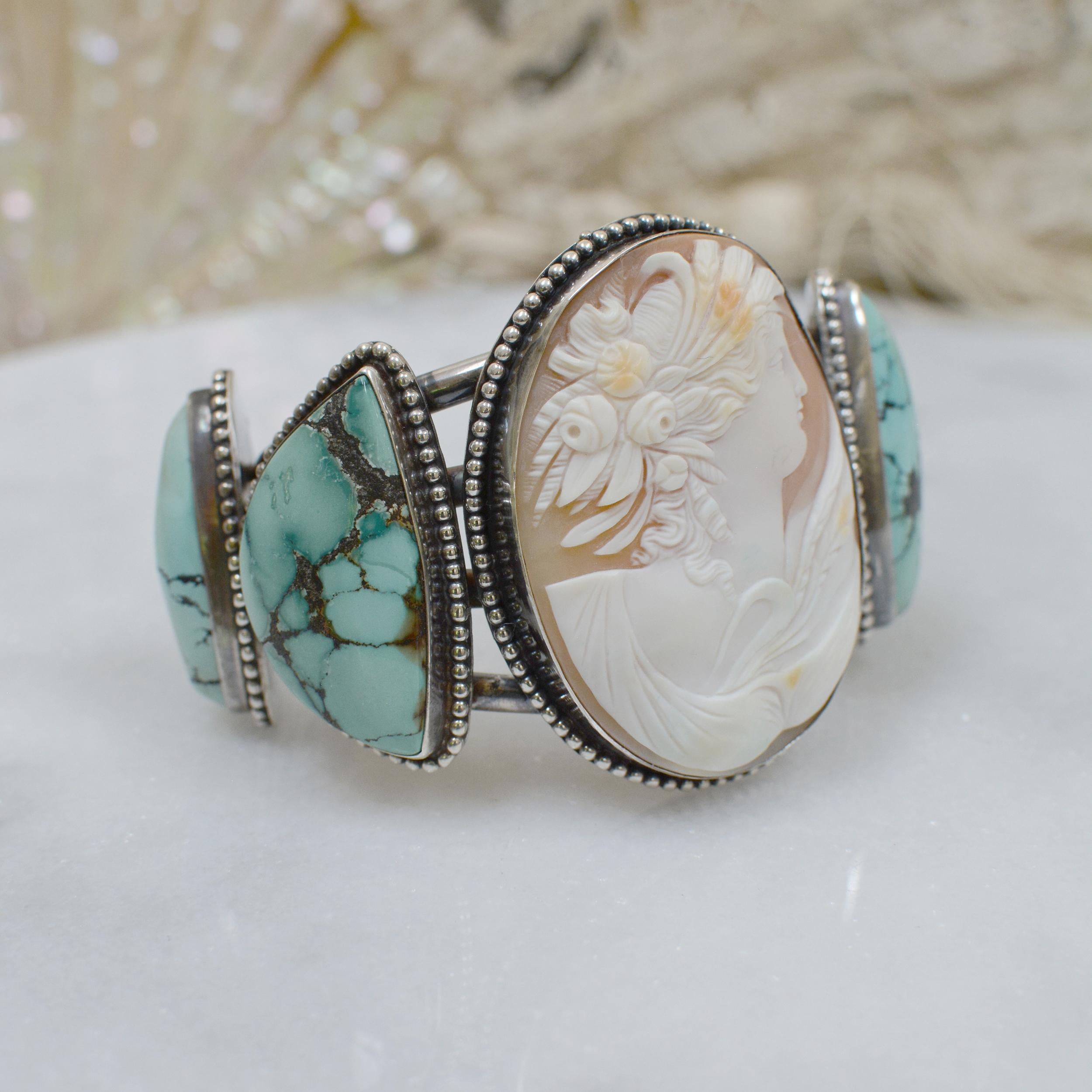 Jill Garber Antique Cameo Cuff Bracelet Depicting Goddess Leda with Turquoise 3