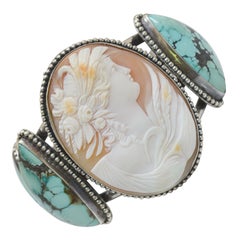 Jill Garber Antique Cameo Cuff Bracelet Depicting Goddess Leda with Turquoise