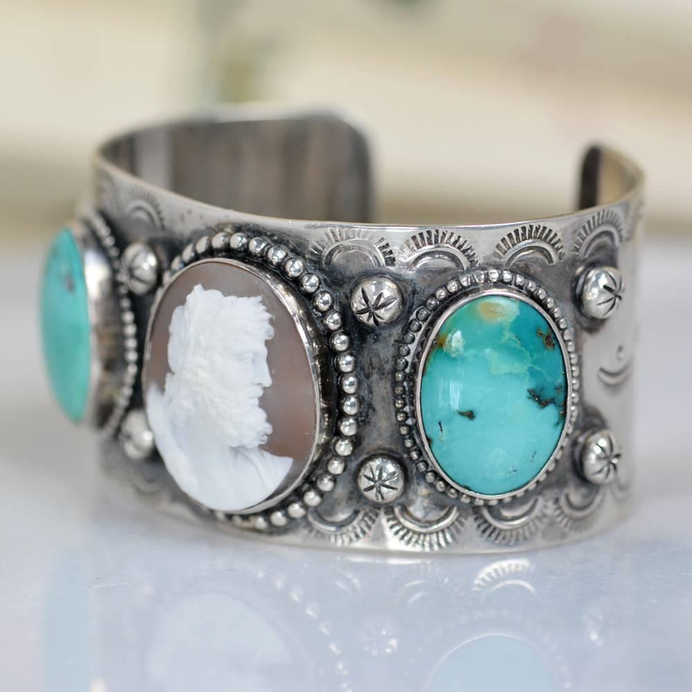 Victorian Jill Garber Fine Antique Cameo of Zeus with Kingman Turquoise Sterling Cuff  For Sale