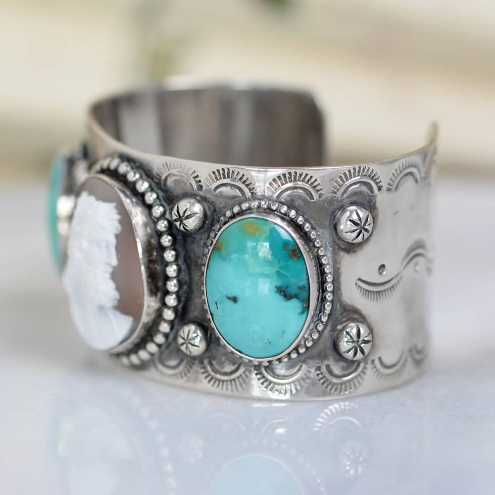 Oval Cut Jill Garber Fine Antique Cameo of Zeus with Kingman Turquoise Sterling Cuff  For Sale