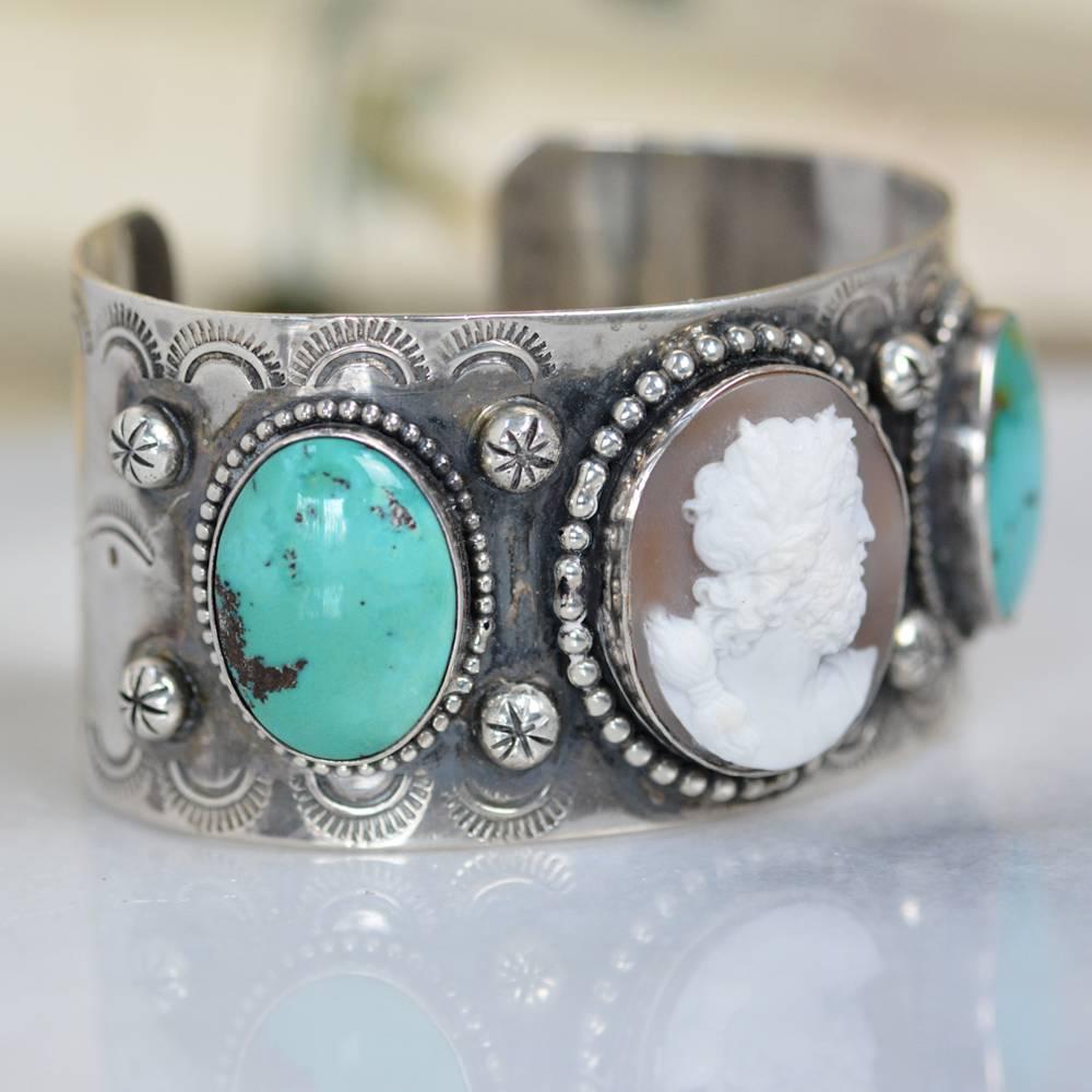 Jill Garber Fine Antique Cameo of Zeus with Kingman Turquoise Sterling Cuff  In Excellent Condition For Sale In Saginaw, MI