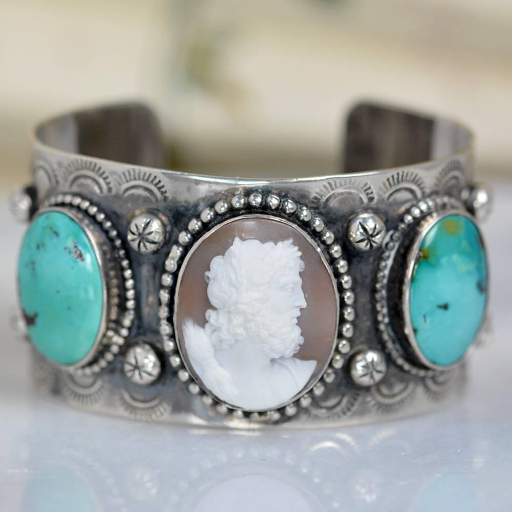 Women's or Men's Jill Garber Fine Antique Cameo of Zeus with Kingman Turquoise Sterling Cuff  For Sale