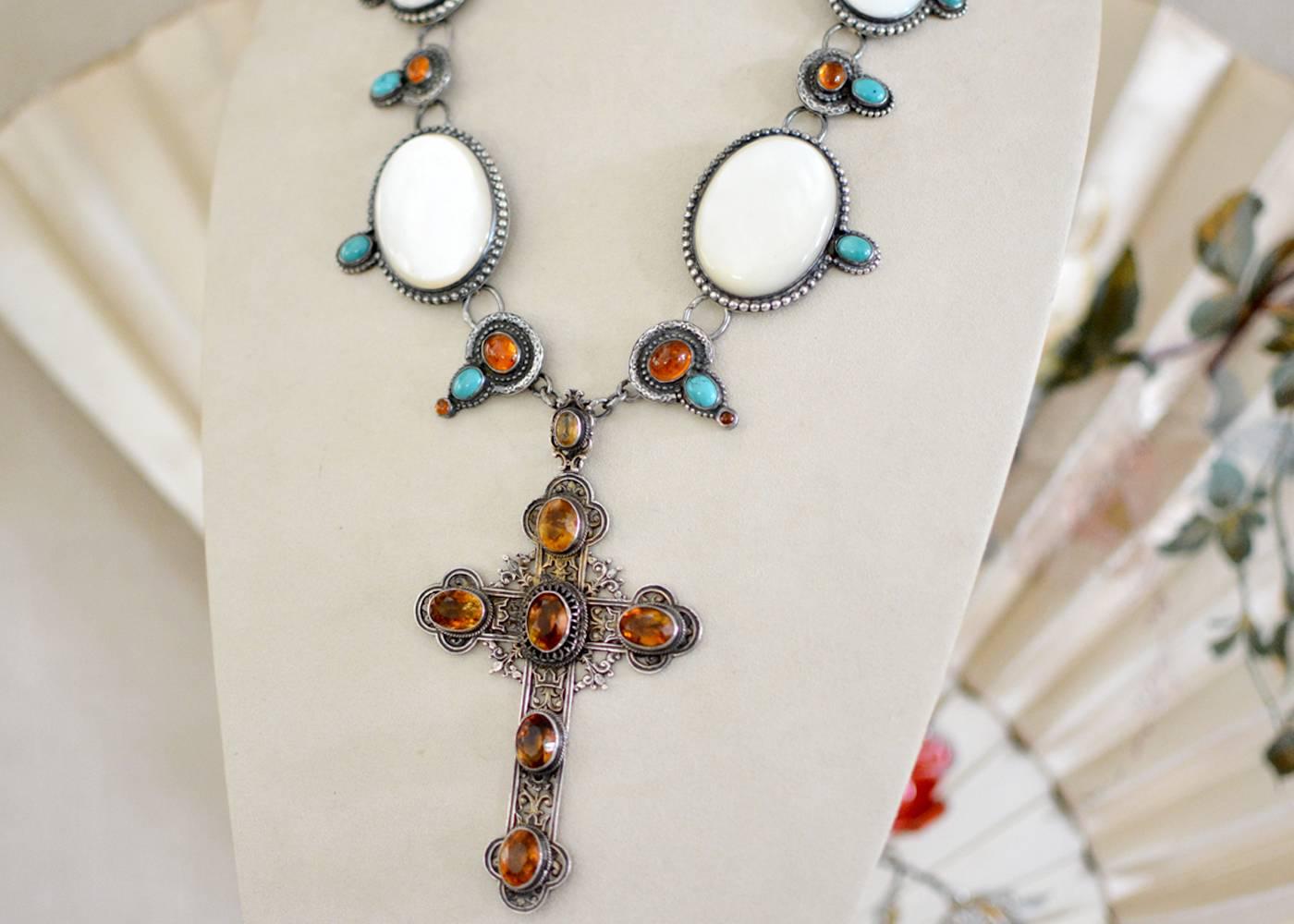 Oval Cut Jill Garber Rococo Cross Necklace with Citrine, Mother-of-Pearl and Turquoise