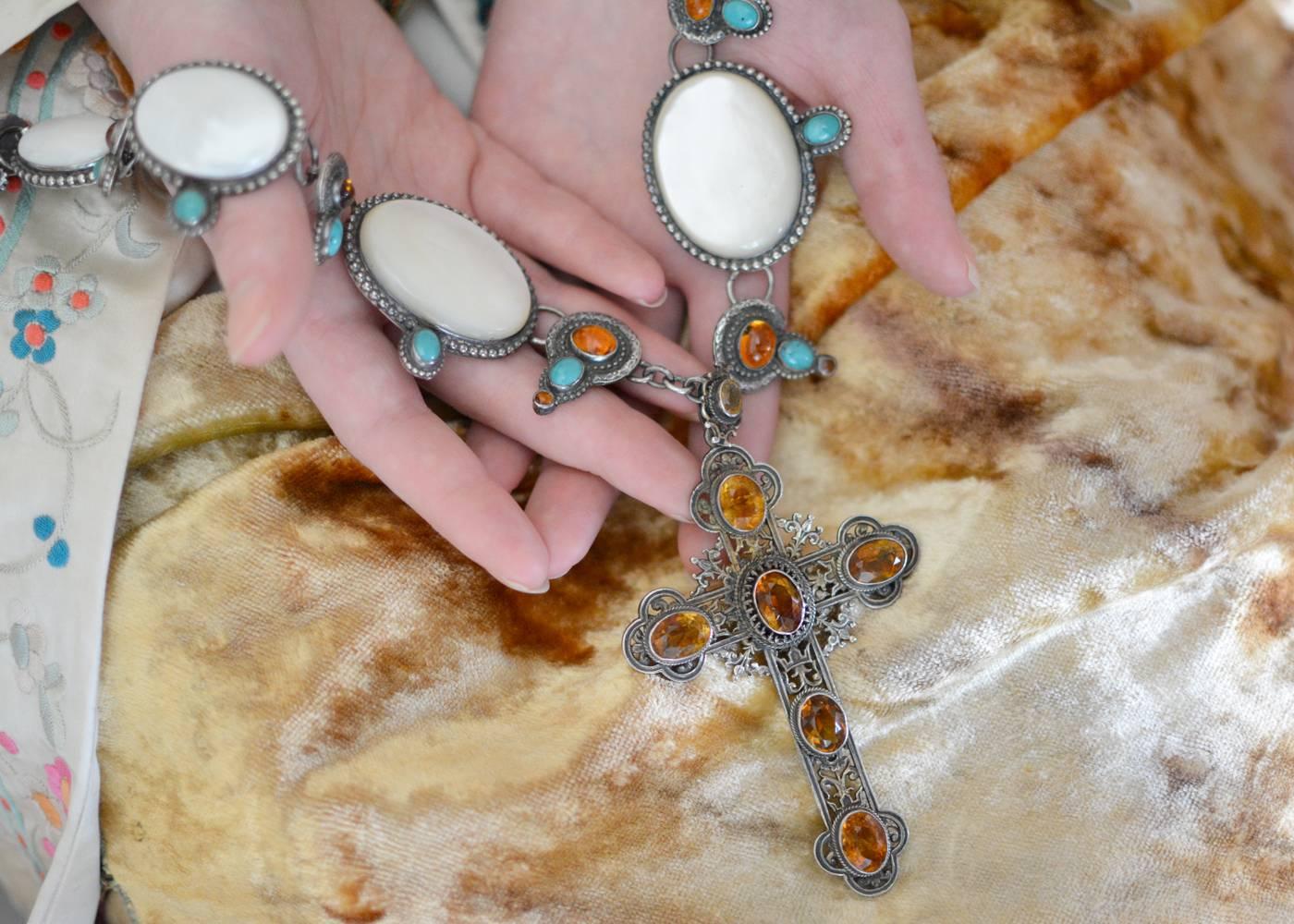 Jill Garber Rococo Cross Necklace with Citrine, Mother-of-Pearl and Turquoise 1