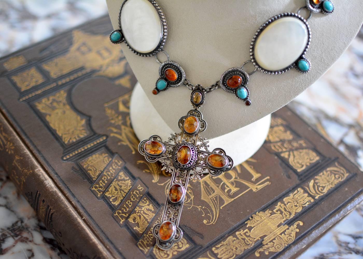 Women's or Men's Jill Garber Rococo Cross Necklace with Citrine, Mother-of-Pearl and Turquoise