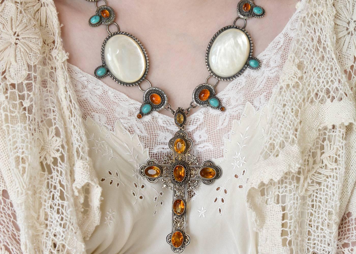 Jill Garber Rococo Cross Necklace with Citrine, Mother-of-Pearl and Turquoise 2