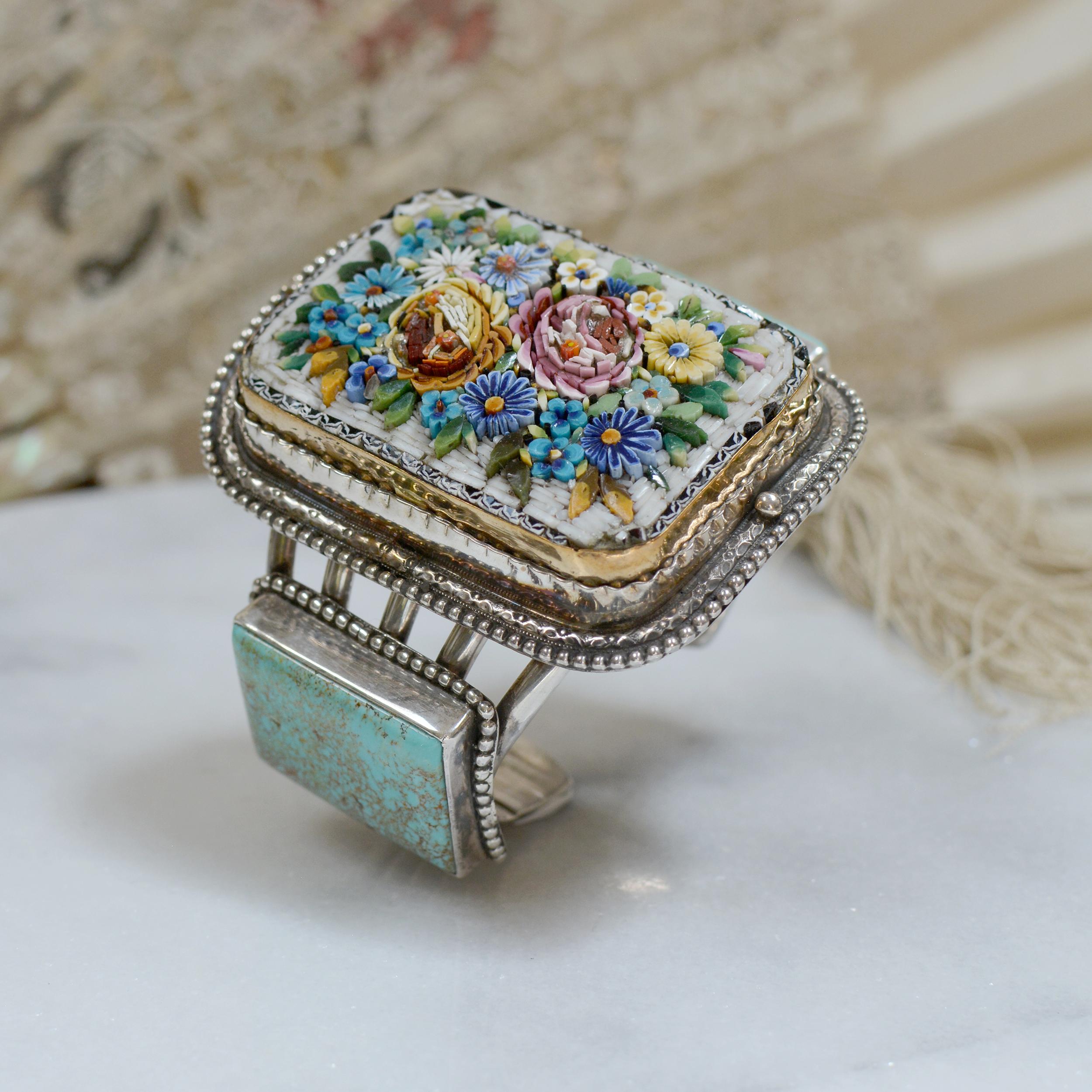 Jill Garber Floral Grand Tour Venetian Micro Mosaic and Turquoise Cuff Bracelet 4