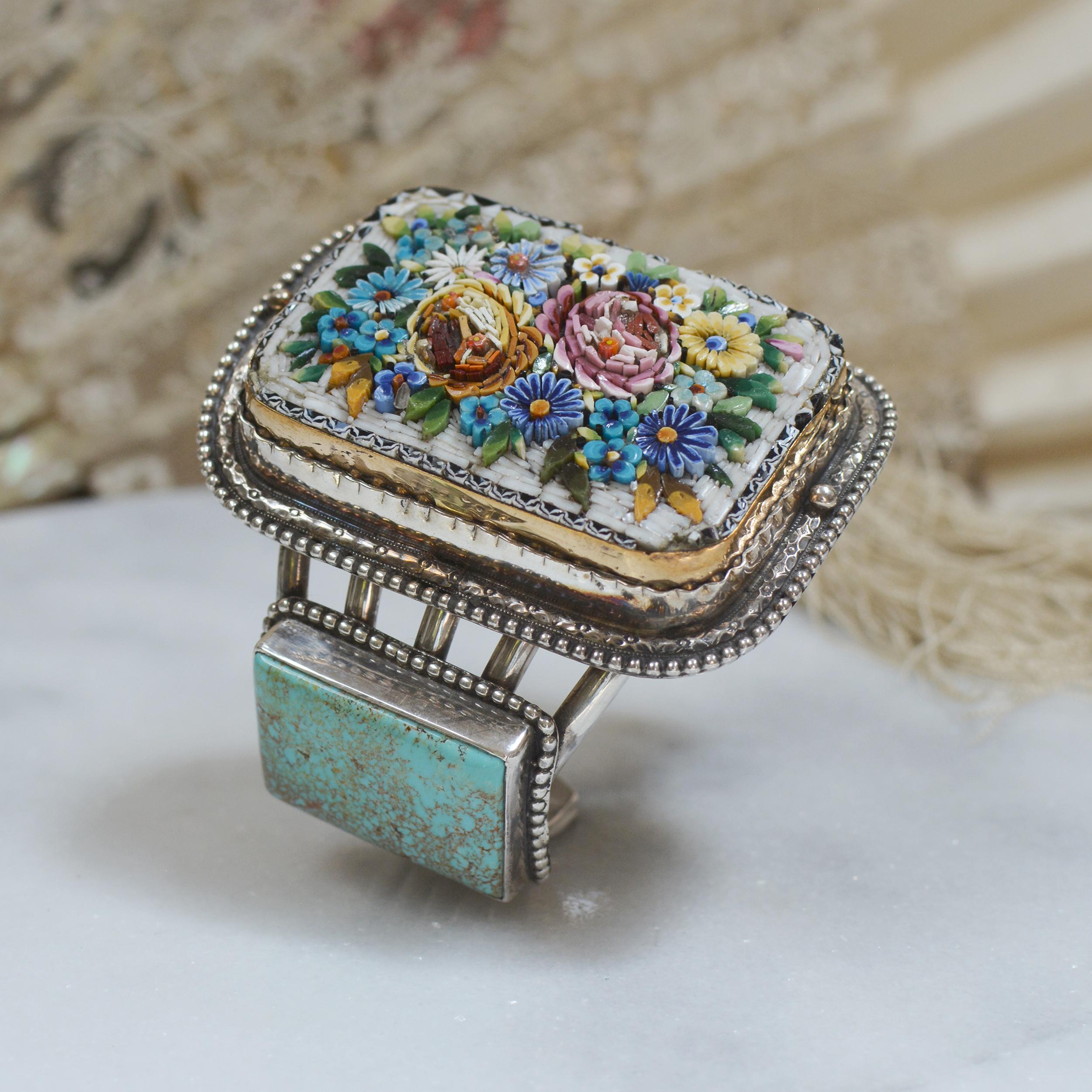 Jill Garber Floral Grand Tour Venetian Micro Mosaic and Turquoise Cuff Bracelet 5