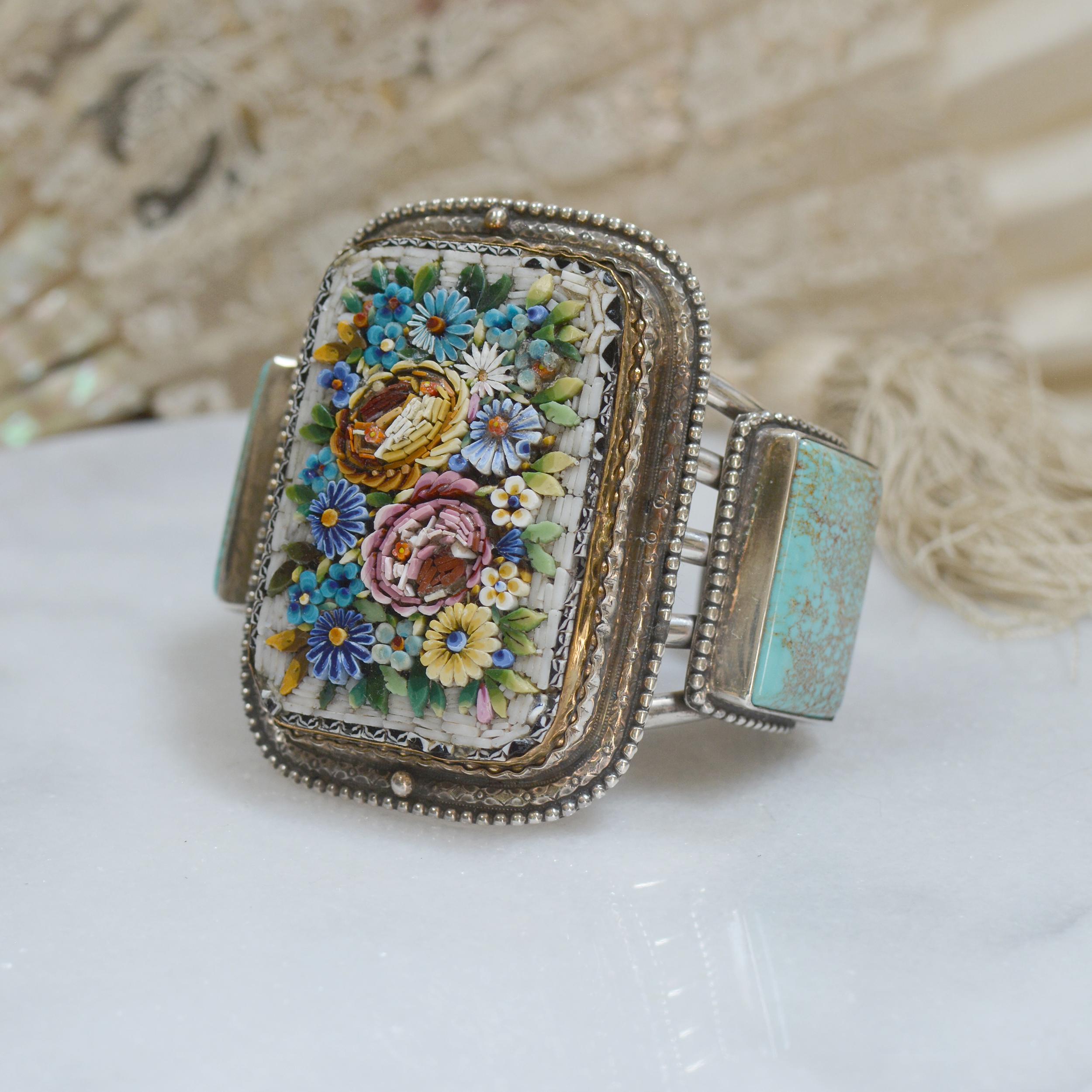 Baroque Jill Garber Floral Grand Tour Venetian Micro Mosaic and Turquoise Cuff Bracelet
