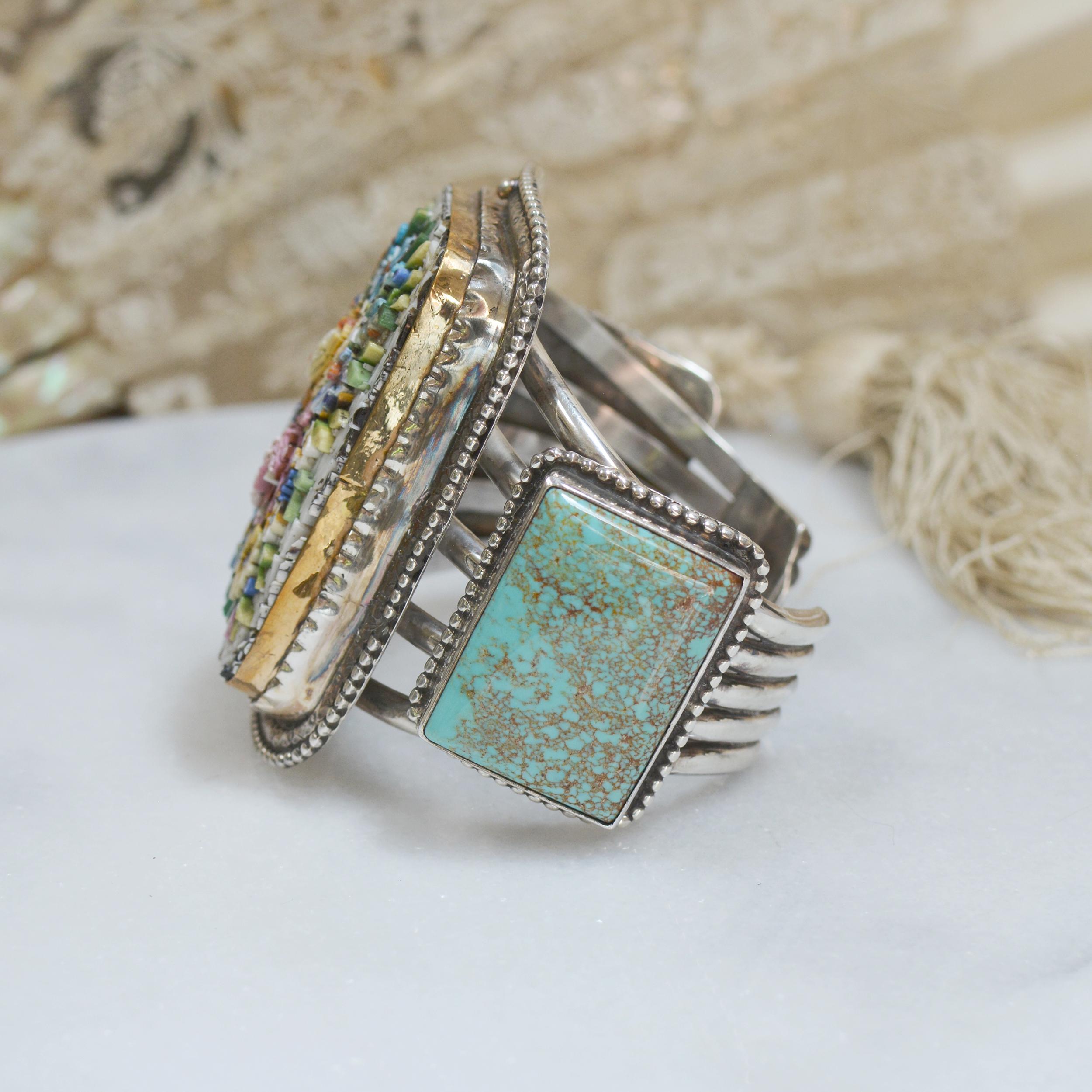Cabochon Jill Garber Floral Grand Tour Venetian Micro Mosaic and Turquoise Cuff Bracelet