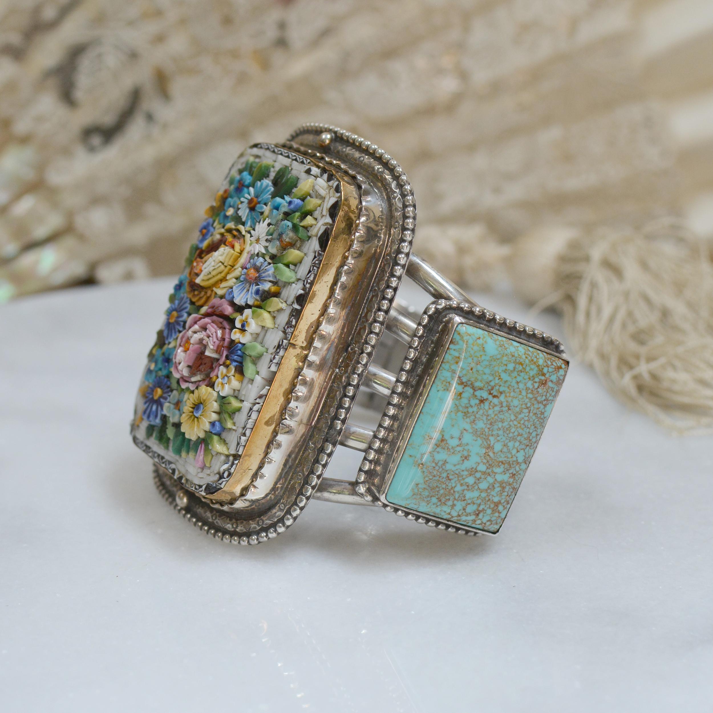 Jill Garber Floral Grand Tour Venetian Micro Mosaic and Turquoise Cuff Bracelet In Excellent Condition In Saginaw, MI