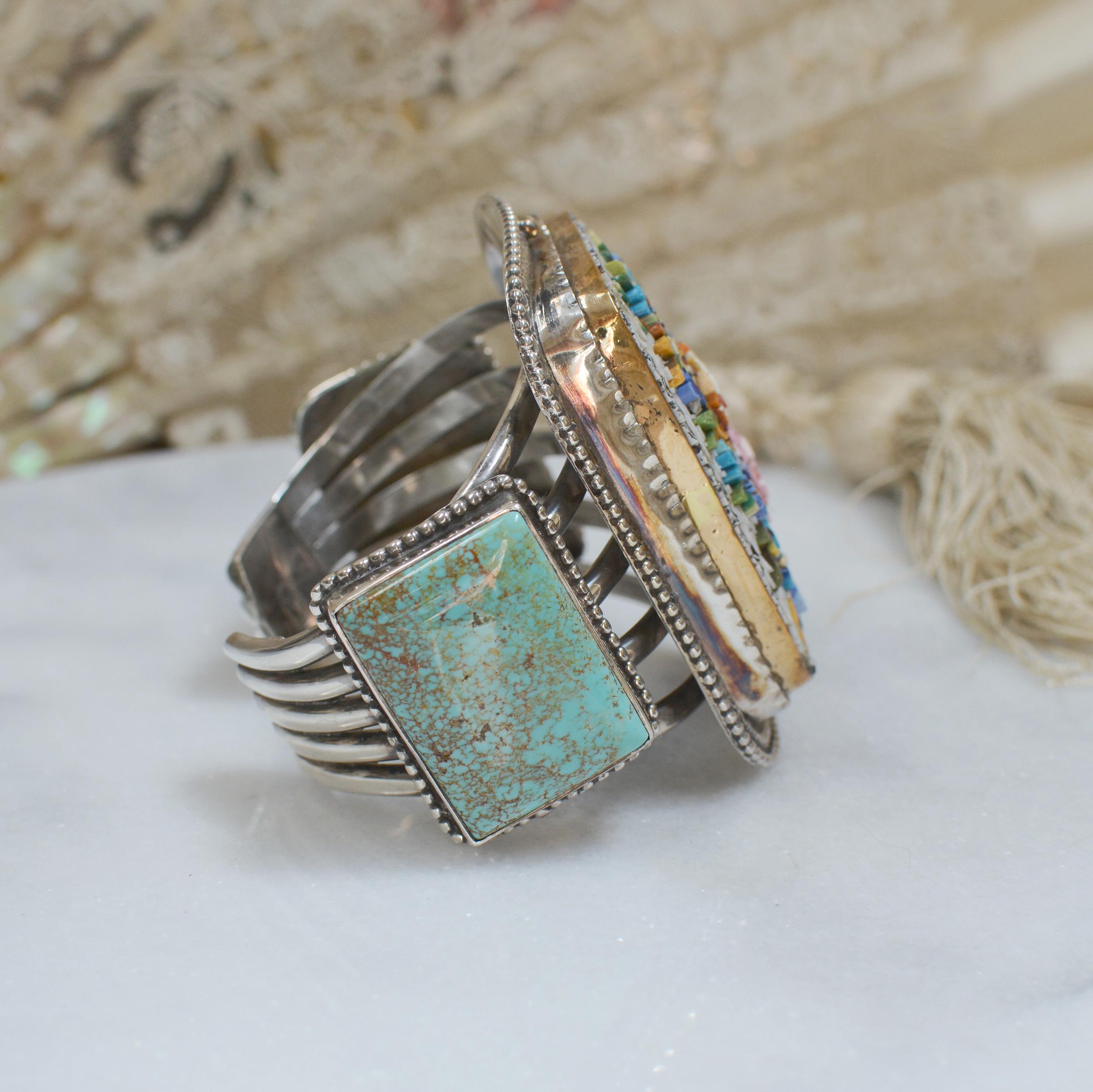 Women's or Men's Jill Garber Floral Grand Tour Venetian Micro Mosaic and Turquoise Cuff Bracelet
