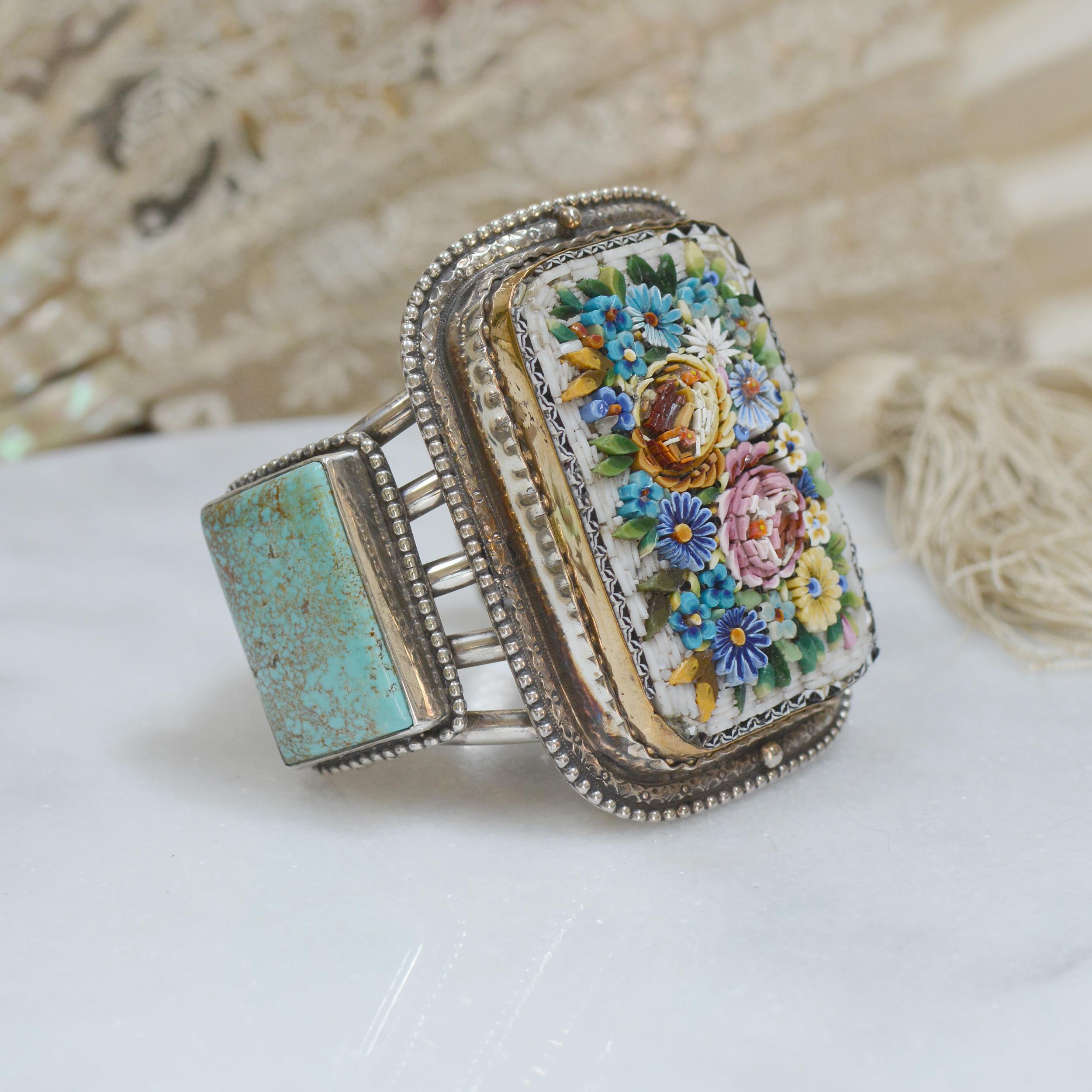 Jill Garber Floral Grand Tour Venetian Micro Mosaic and Turquoise Cuff Bracelet 1