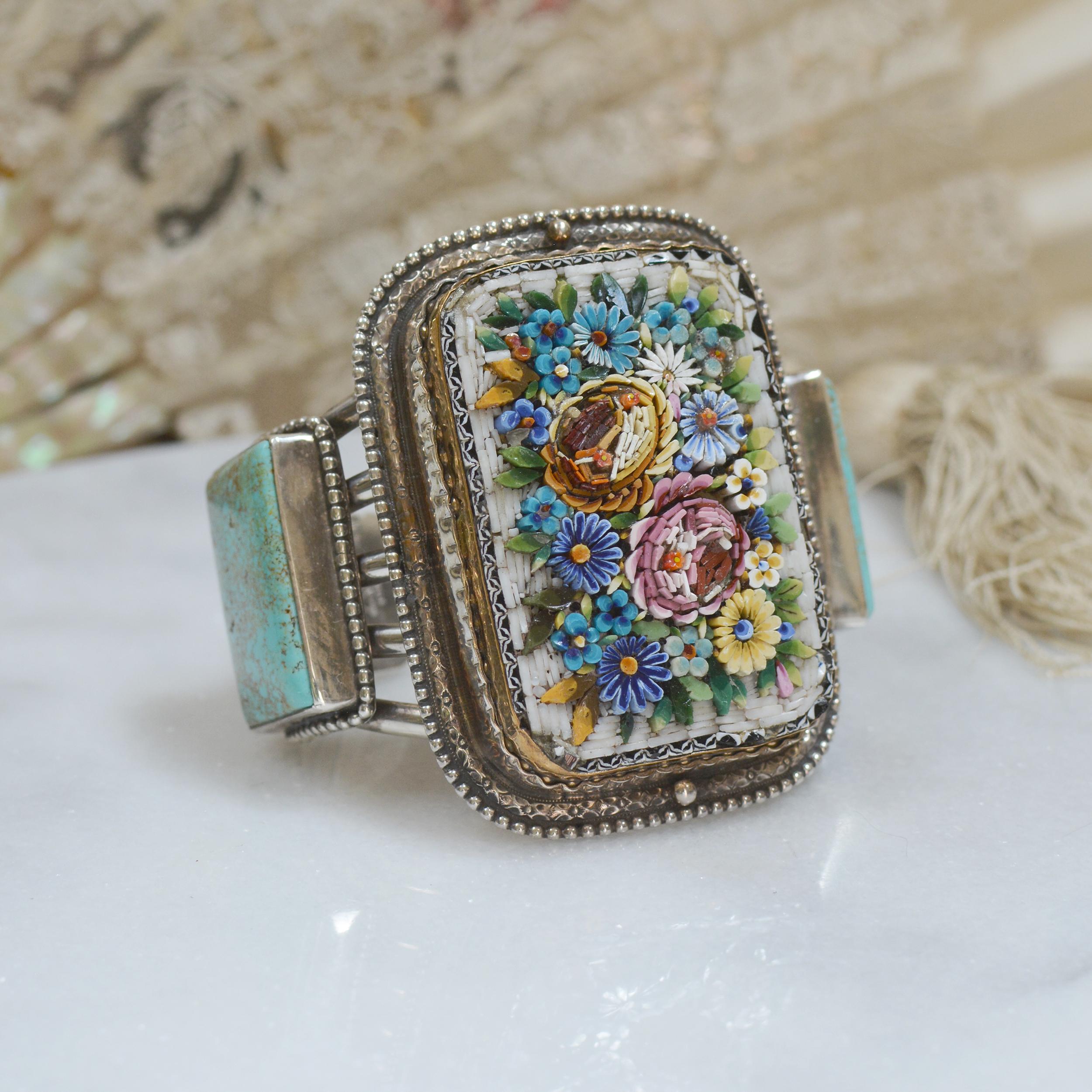 Jill Garber Floral Grand Tour Venetian Micro Mosaic and Turquoise Cuff Bracelet 2