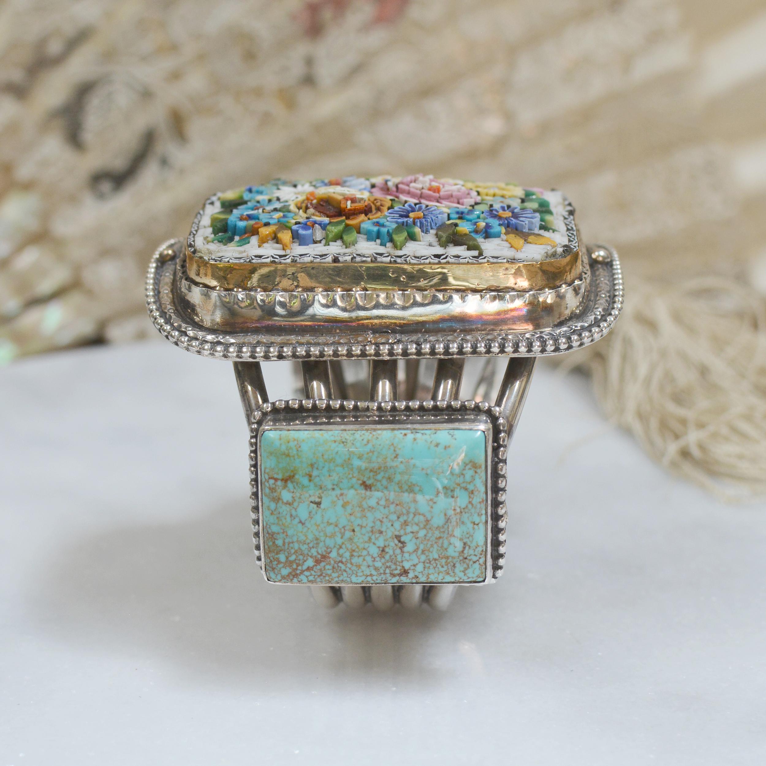 Jill Garber Floral Grand Tour Venetian Micro Mosaic and Turquoise Cuff Bracelet 3