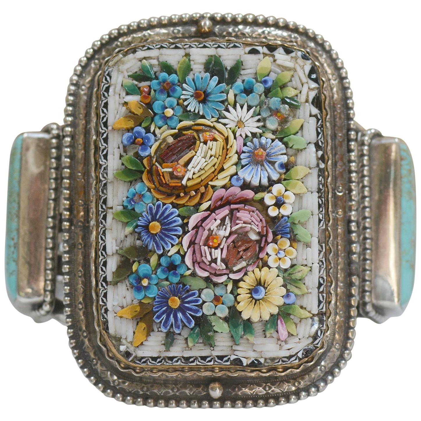 Jill Garber Floral Grand Tour Venetian Micro Mosaic and Turquoise Cuff Bracelet