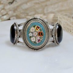 Jill Garber Antique Floral Venetian Tesserae Micro Mosaic and Onyx Cuff Bracelet
