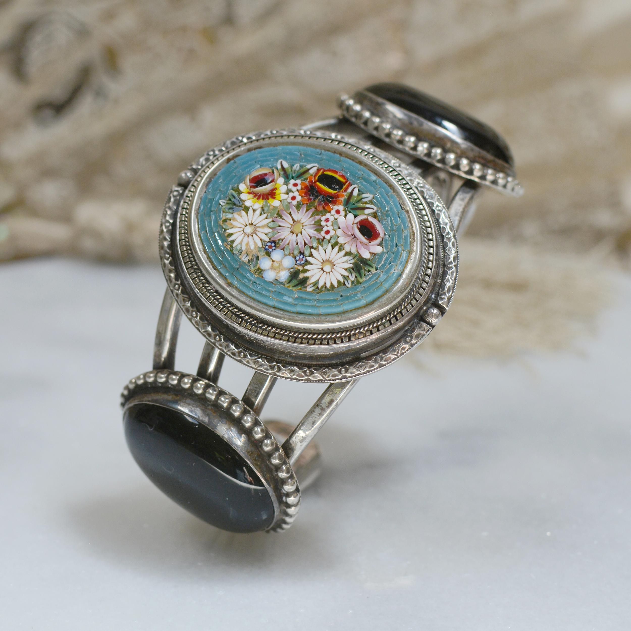 Oval Cut Jill Garber Antique Floral Venetian Tesserae Micro Mosaic and Onyx Cuff Bracelet For Sale