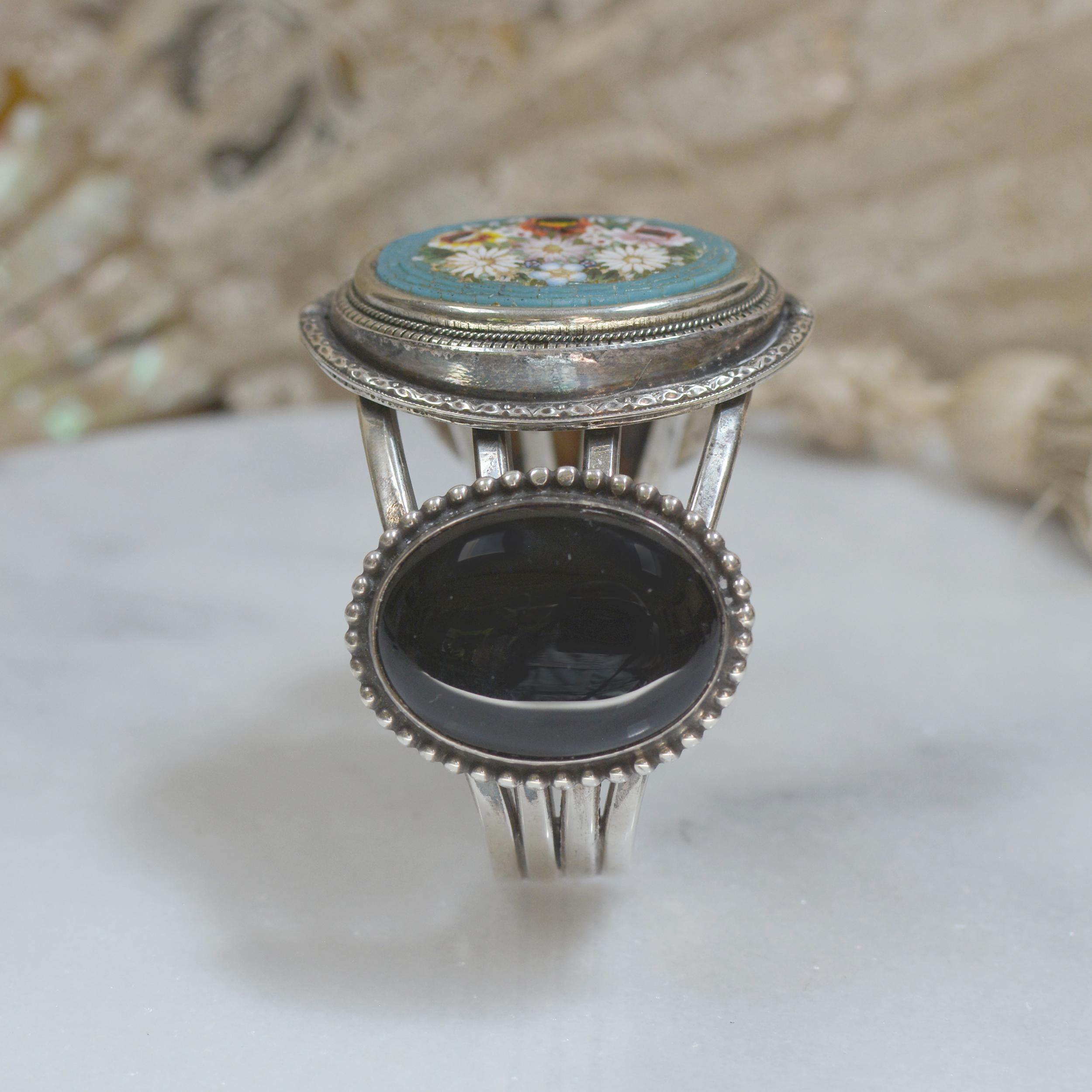 Jill Garber Antique Floral Venetian Tesserae Micro Mosaic and Onyx Cuff Bracelet In Excellent Condition For Sale In Saginaw, MI