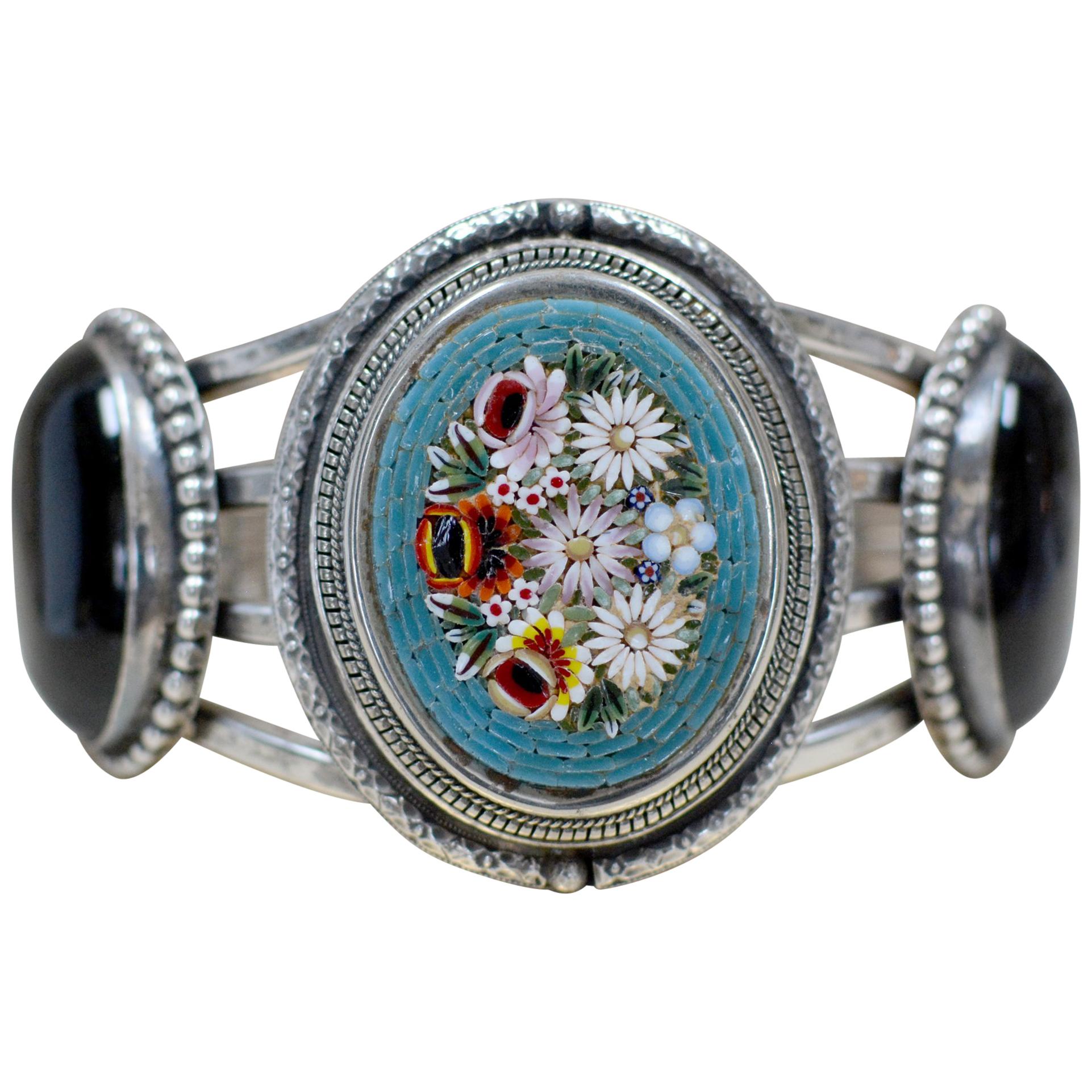 Jill Garber Antique Floral Venetian Tesserae Micro Mosaic and Onyx Cuff Bracelet For Sale