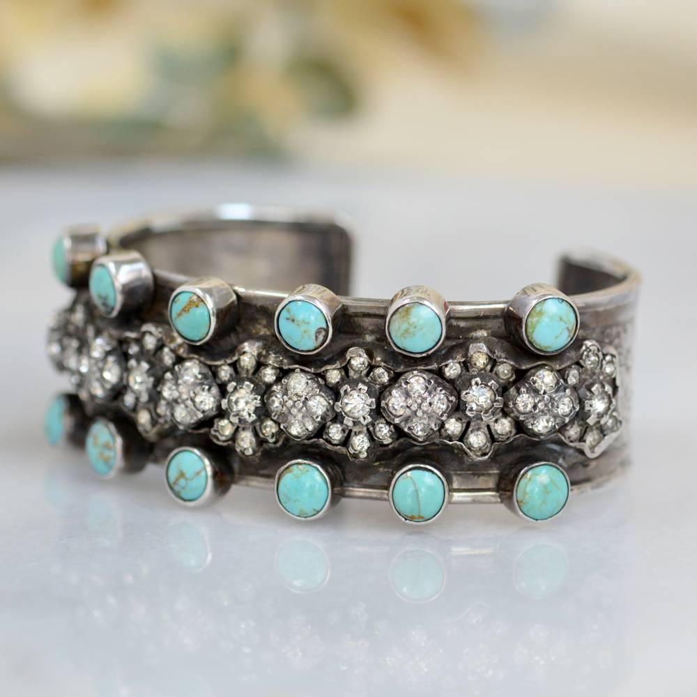 Victorian Jill Garber Antique French Paste with Turquoise Sterling Silver Cuff Bracelet