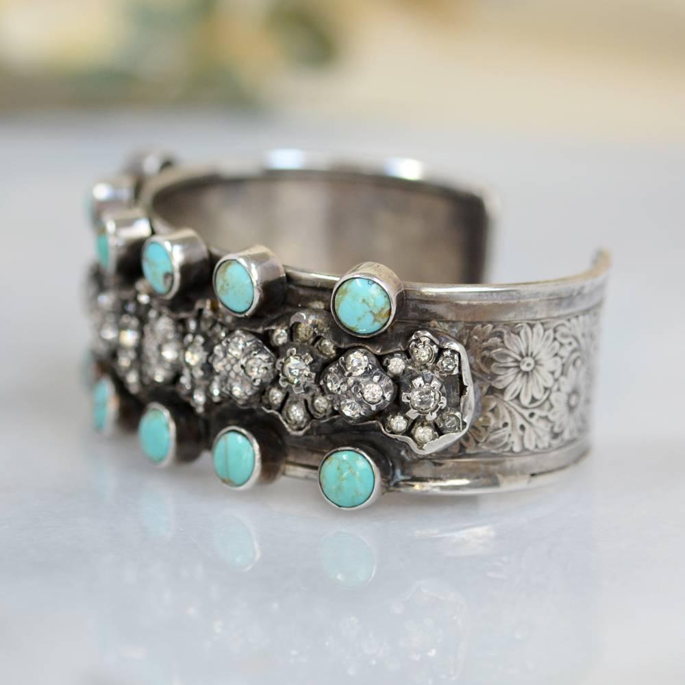 Round Cut Jill Garber Antique French Paste with Turquoise Sterling Silver Cuff Bracelet