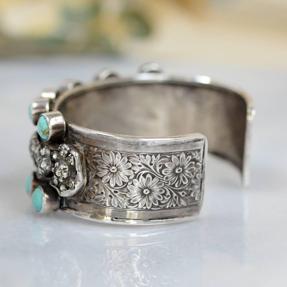 Jill Garber Antique French Paste with Turquoise Sterling Silver Cuff Bracelet In Excellent Condition In Saginaw, MI