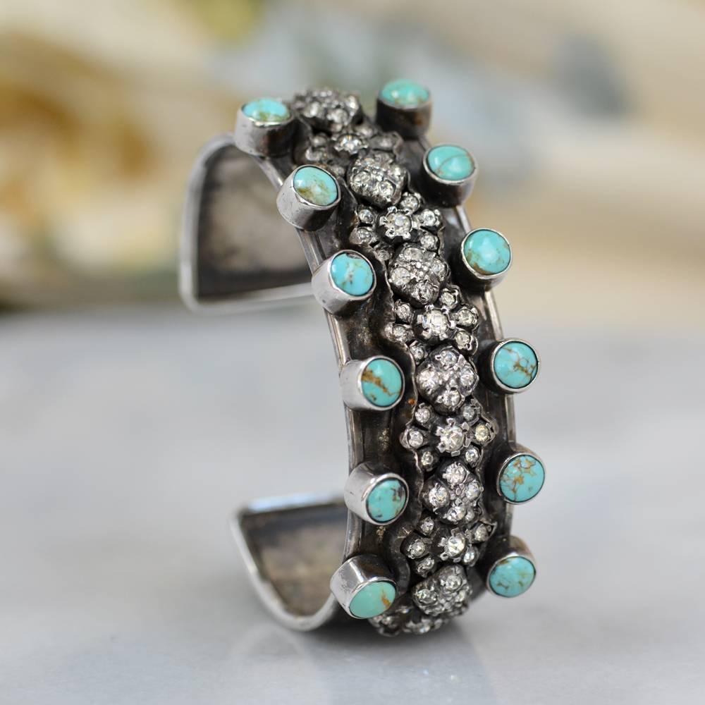 Women's or Men's Jill Garber Antique French Paste with Turquoise Sterling Silver Cuff Bracelet