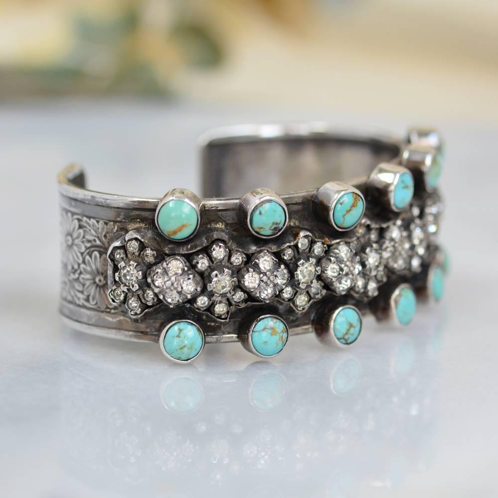 Jill Garber Antique French Paste with Turquoise Sterling Silver Cuff Bracelet 2