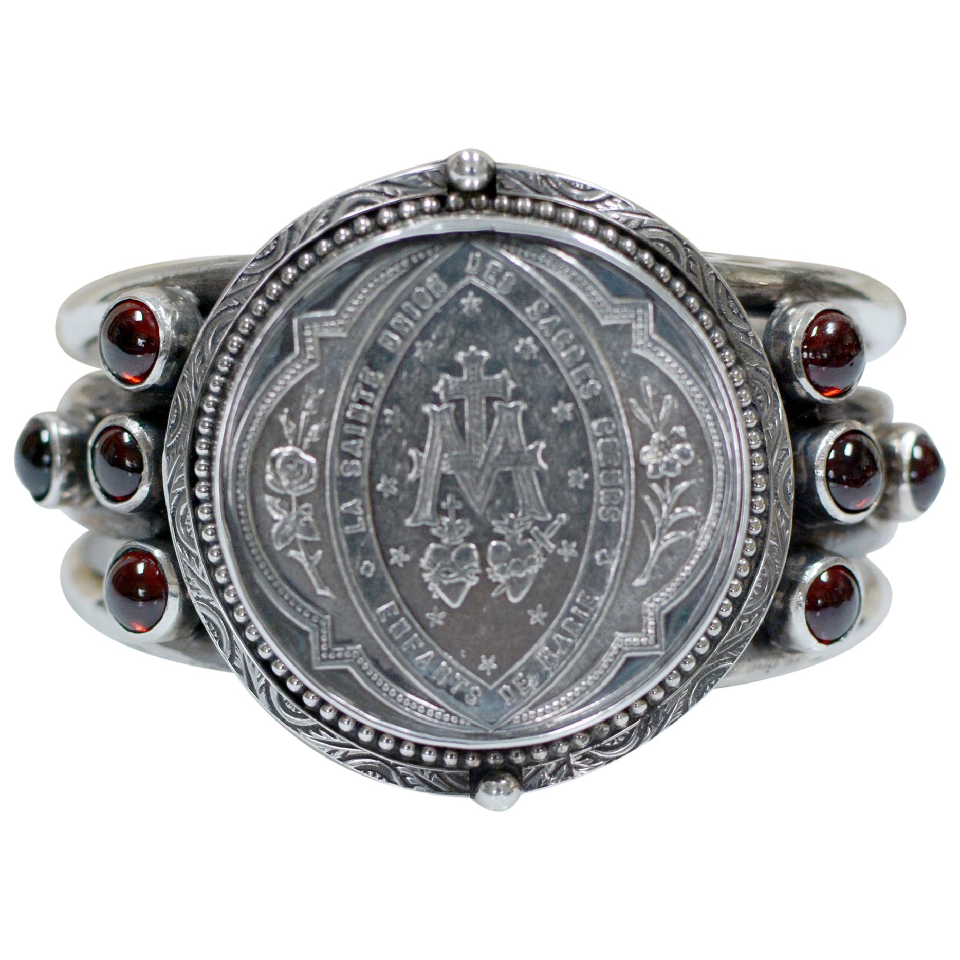 Jill Garber Antique French Sacred Heart Medal Cuff Bracelet with Natural Garnets