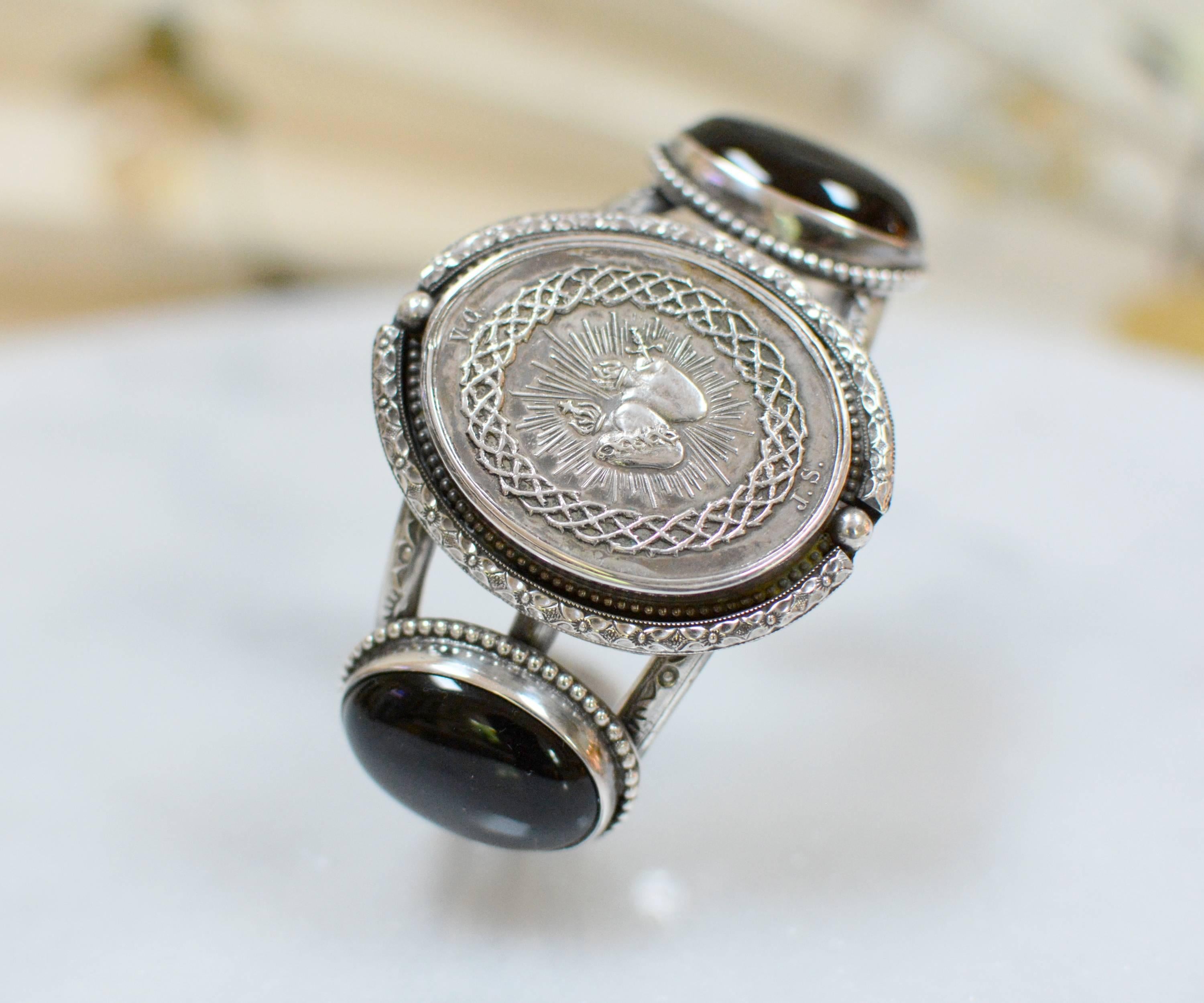 Jill Garber Nineteenth Century French Silver Sacred Heart Onyx Cuff Bracelet For Sale 1