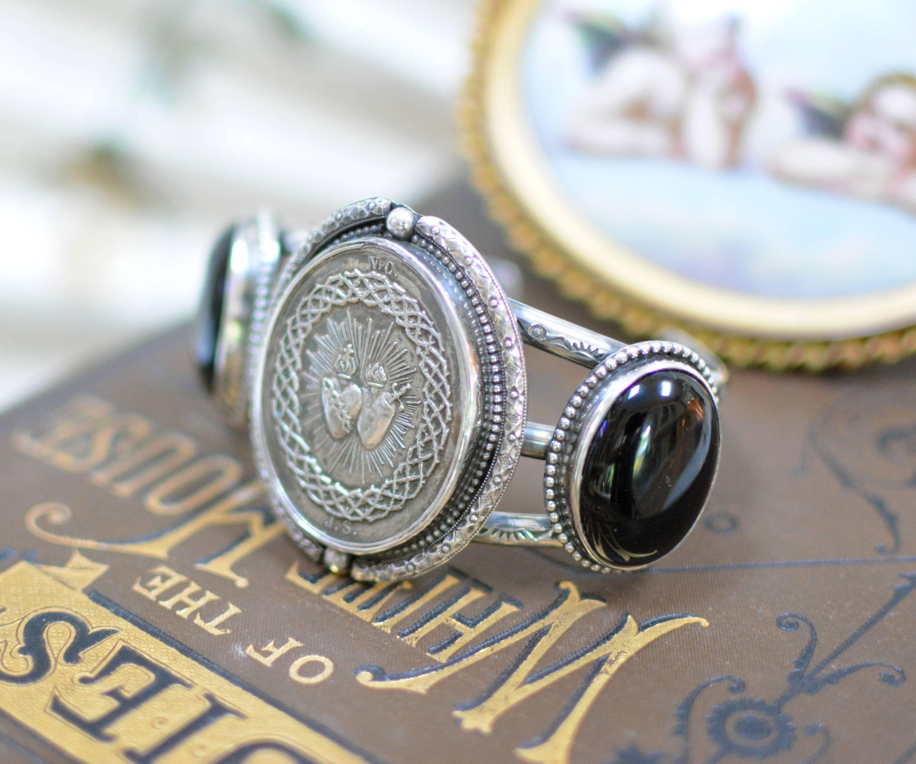 Jill Garber Nineteenth Century French Silver Sacred Heart Onyx Cuff Bracelet For Sale 2
