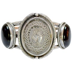 Vintage Jill Garber Nineteenth Century French Silver Sacred Heart Onyx Cuff Bracelet