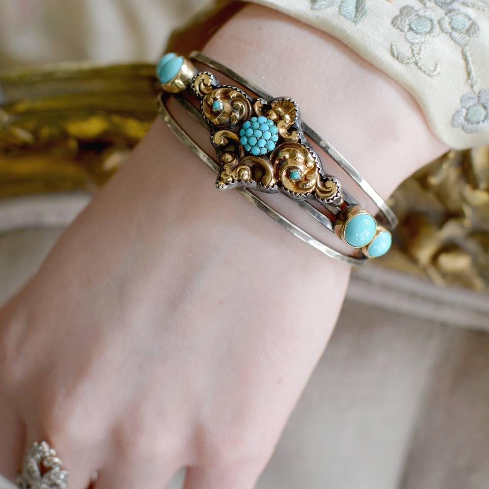 Jill Garber Antique Georgian 14 Karat Gold with Persian Turquoise Cuff Bracelet For Sale 3