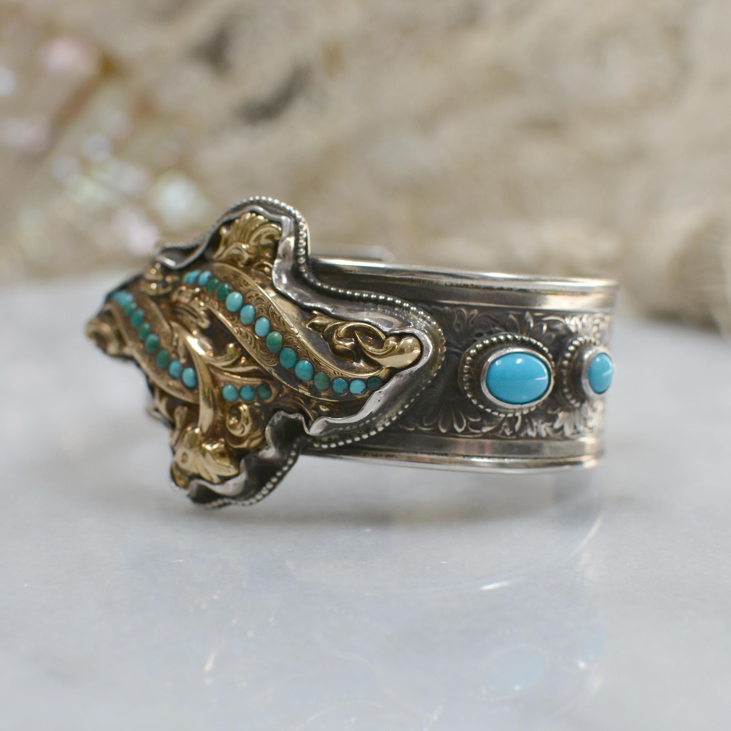 Victorian Jill Garber Antique Georgian Gold with Persian Turquoise Modern Cuff Bracelet For Sale