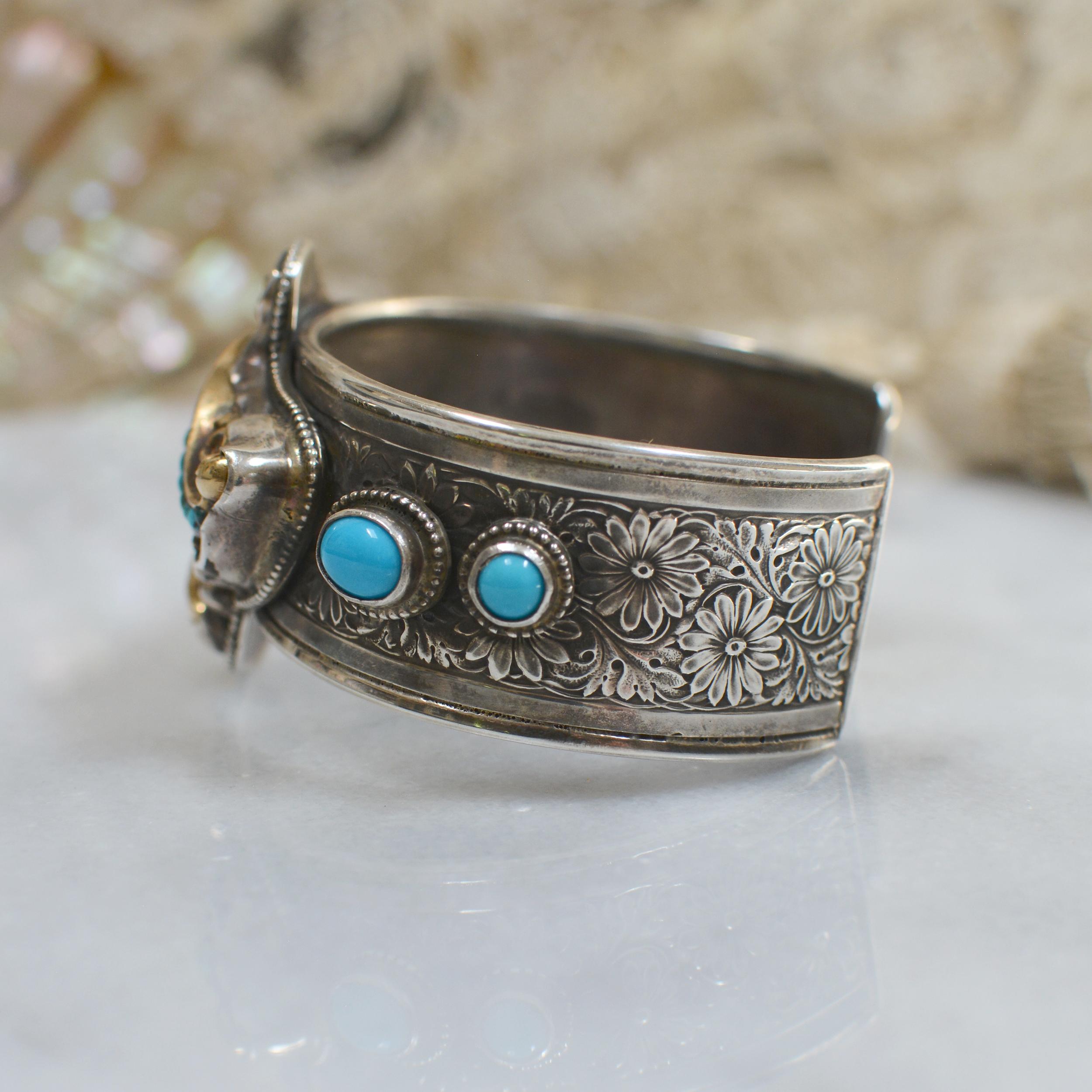 Jill Garber Antique Georgian Gold with Persian Turquoise Modern Cuff Bracelet In Excellent Condition For Sale In Saginaw, MI