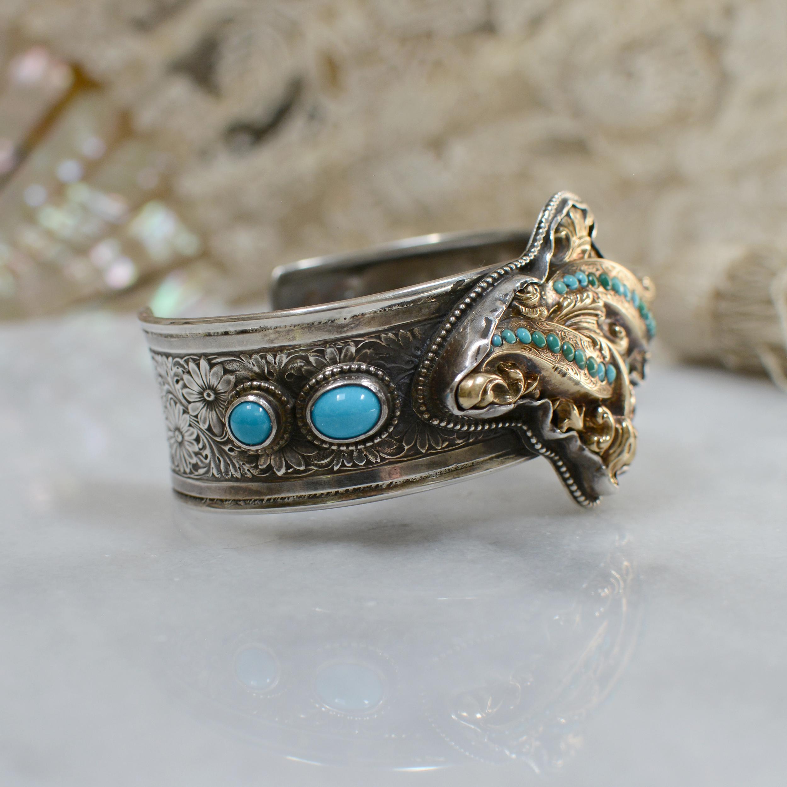 Women's or Men's Jill Garber Antique Georgian Gold with Persian Turquoise Modern Cuff Bracelet For Sale