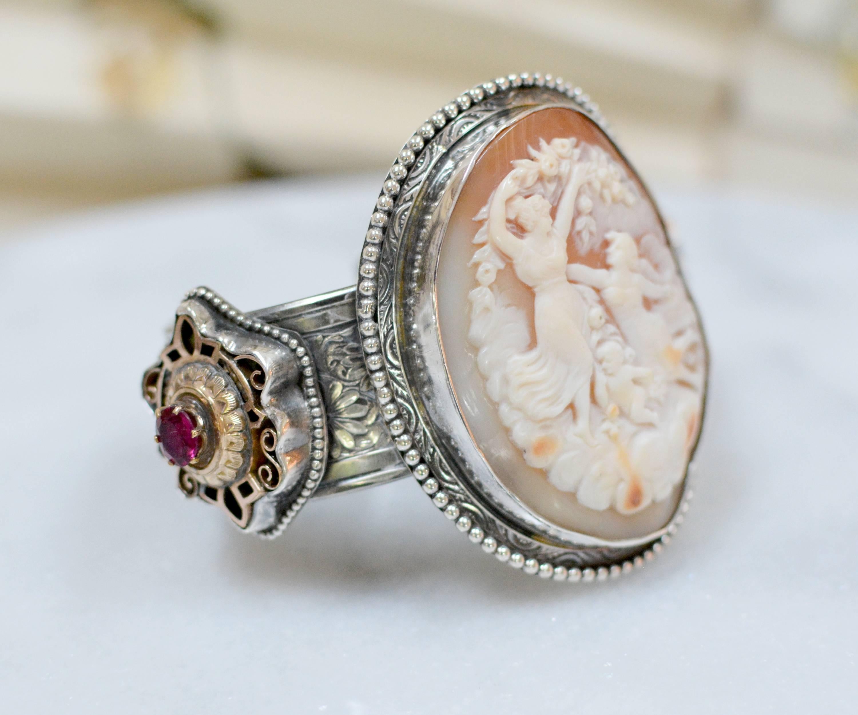 Oval Cut Jill Garber Antique Goddess and Cherub Cameo Sterling Silver Cuff Bracelet 