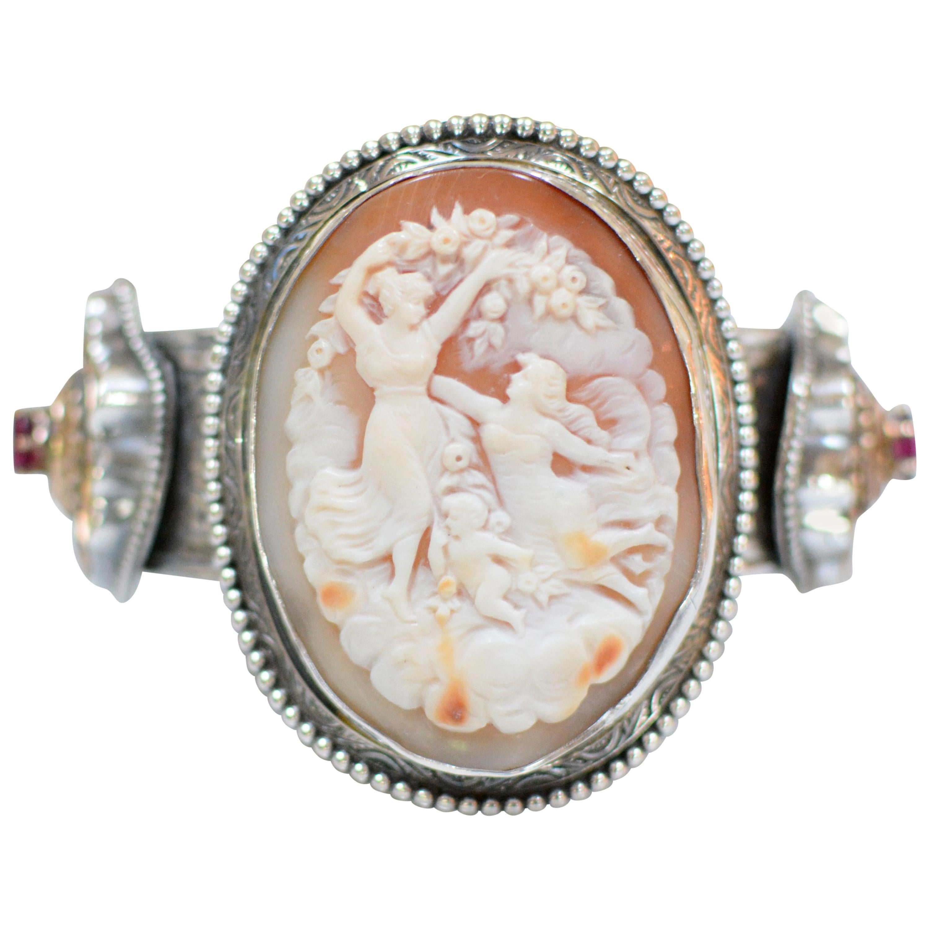 Jill Garber Antique Goddess and Cherub Cameo Sterling Silver Cuff Bracelet 